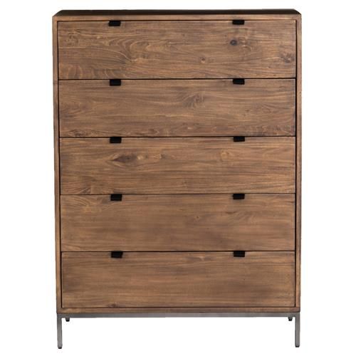 Auburn Poplar Mid-Century 5-Drawer Dresser with Leather Pulls