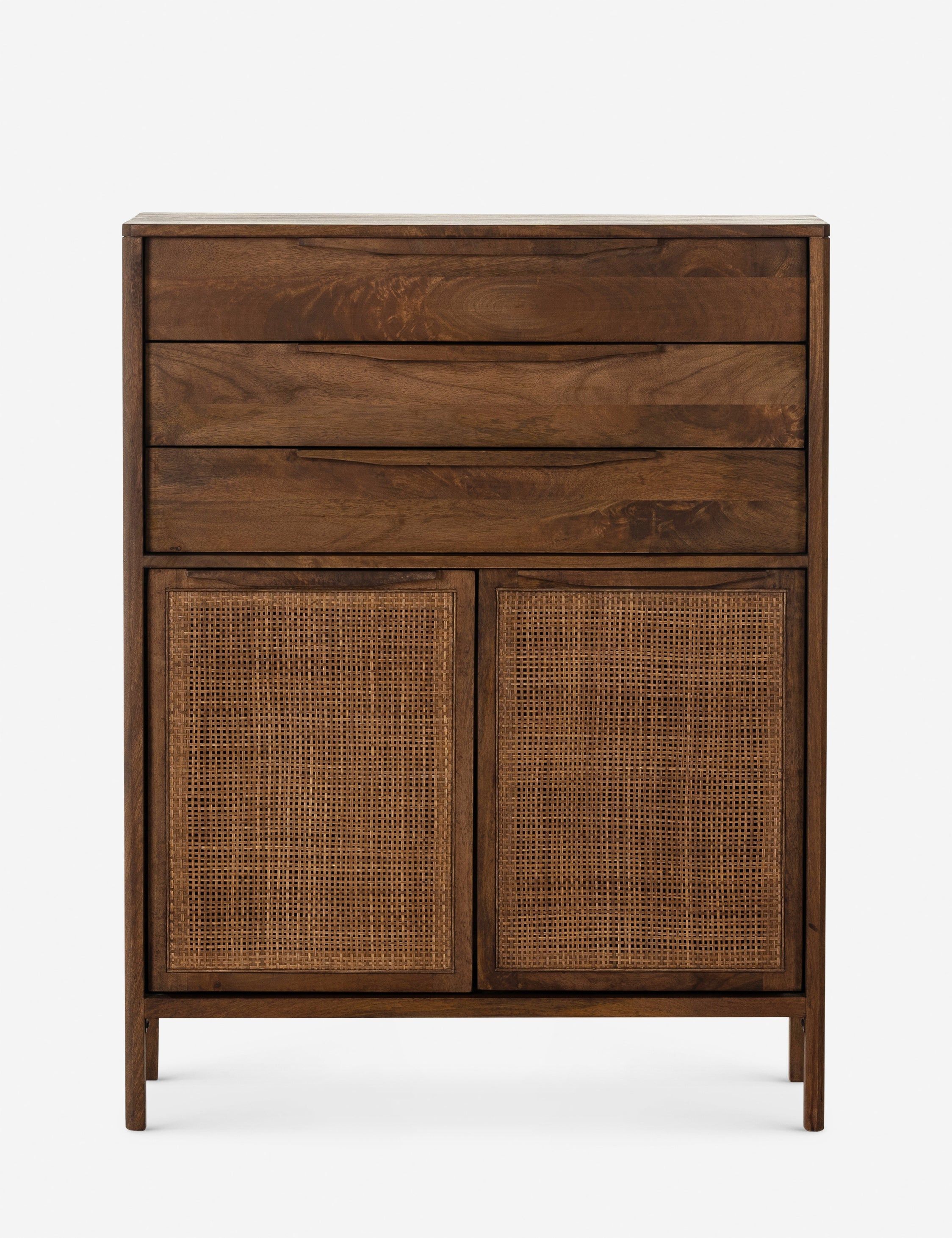 Russet Brown Mango Wood Tall Dresser with Woven Cane Front