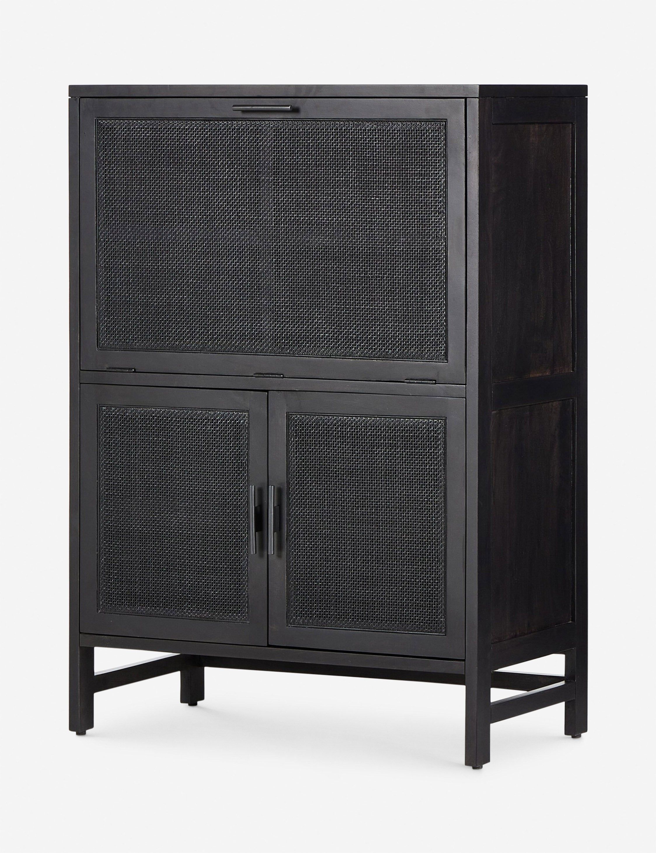Natural Mango & Woven Cane 38" Modern Bar Cabinet with Iron Hardware
