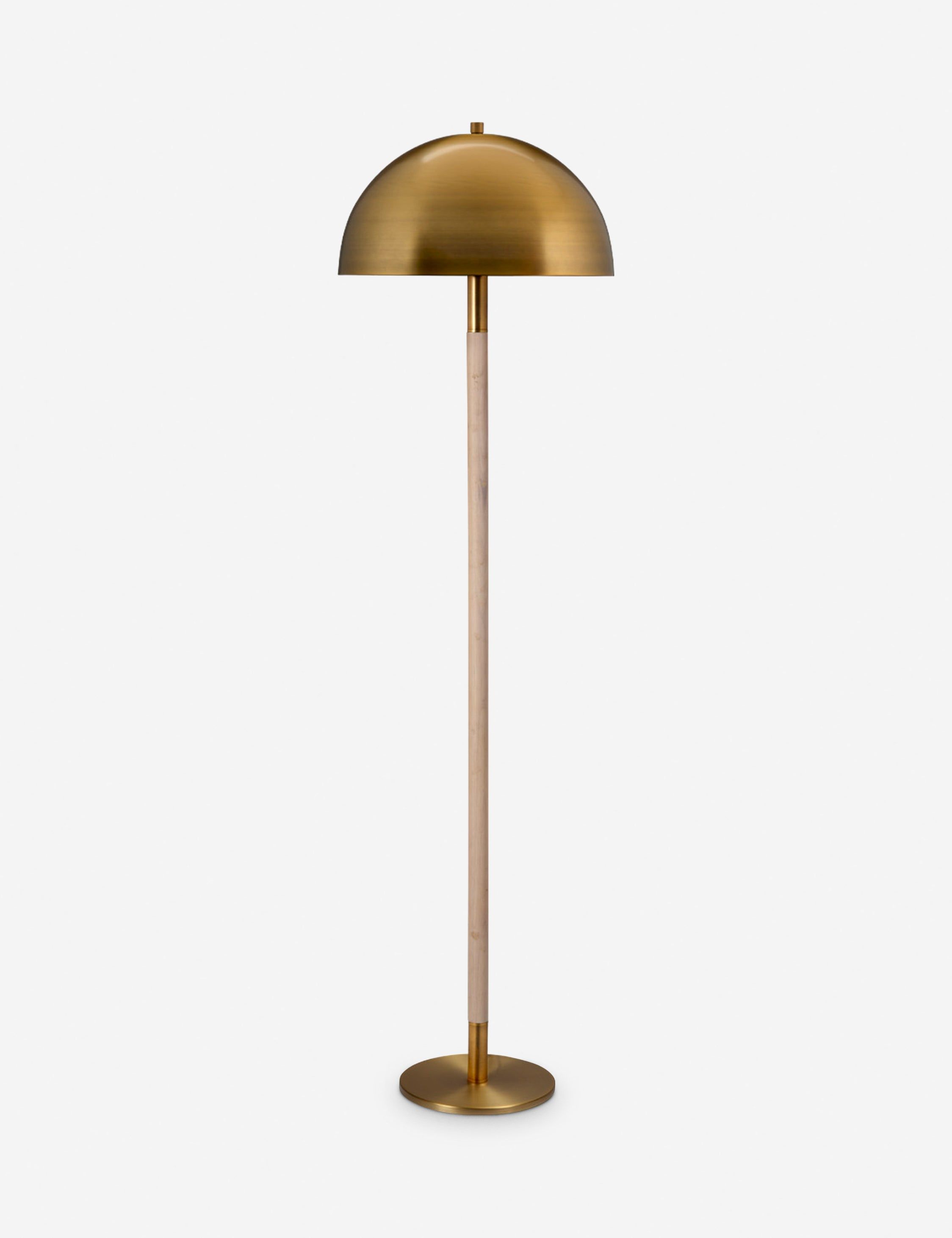 Antique Brass and Natural Wood Floor Lamp with Dome Shade