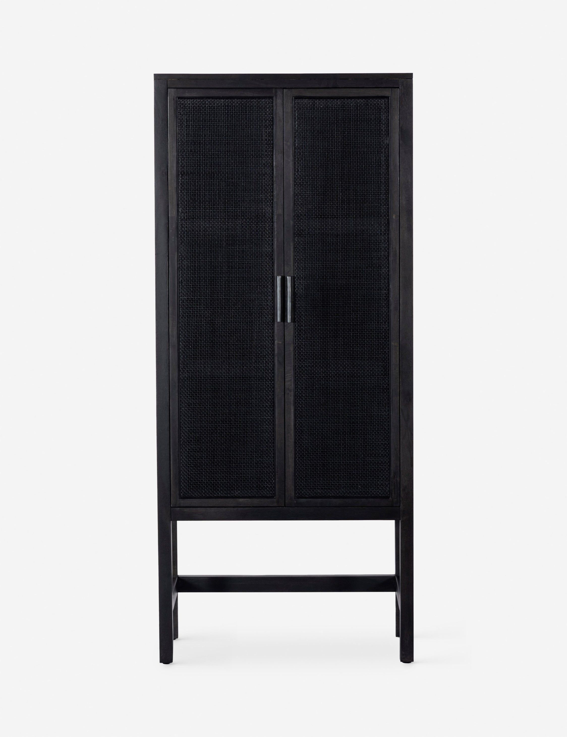 Black Solid Mango and Cane Narrow Cabinet with Adjustable Shelving
