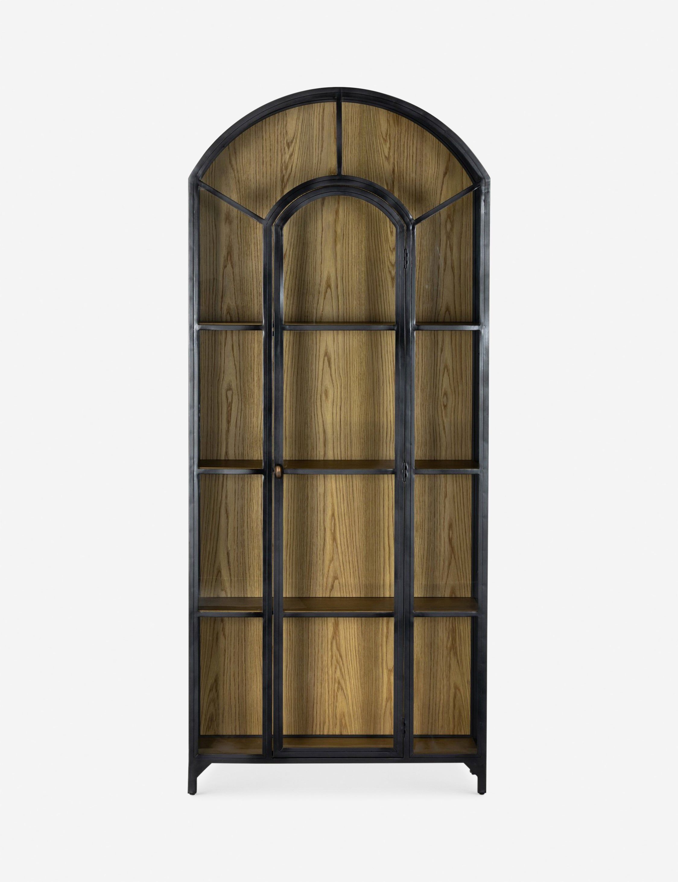 Tall Black Iron and Oak Arched Bookcase Cabinet