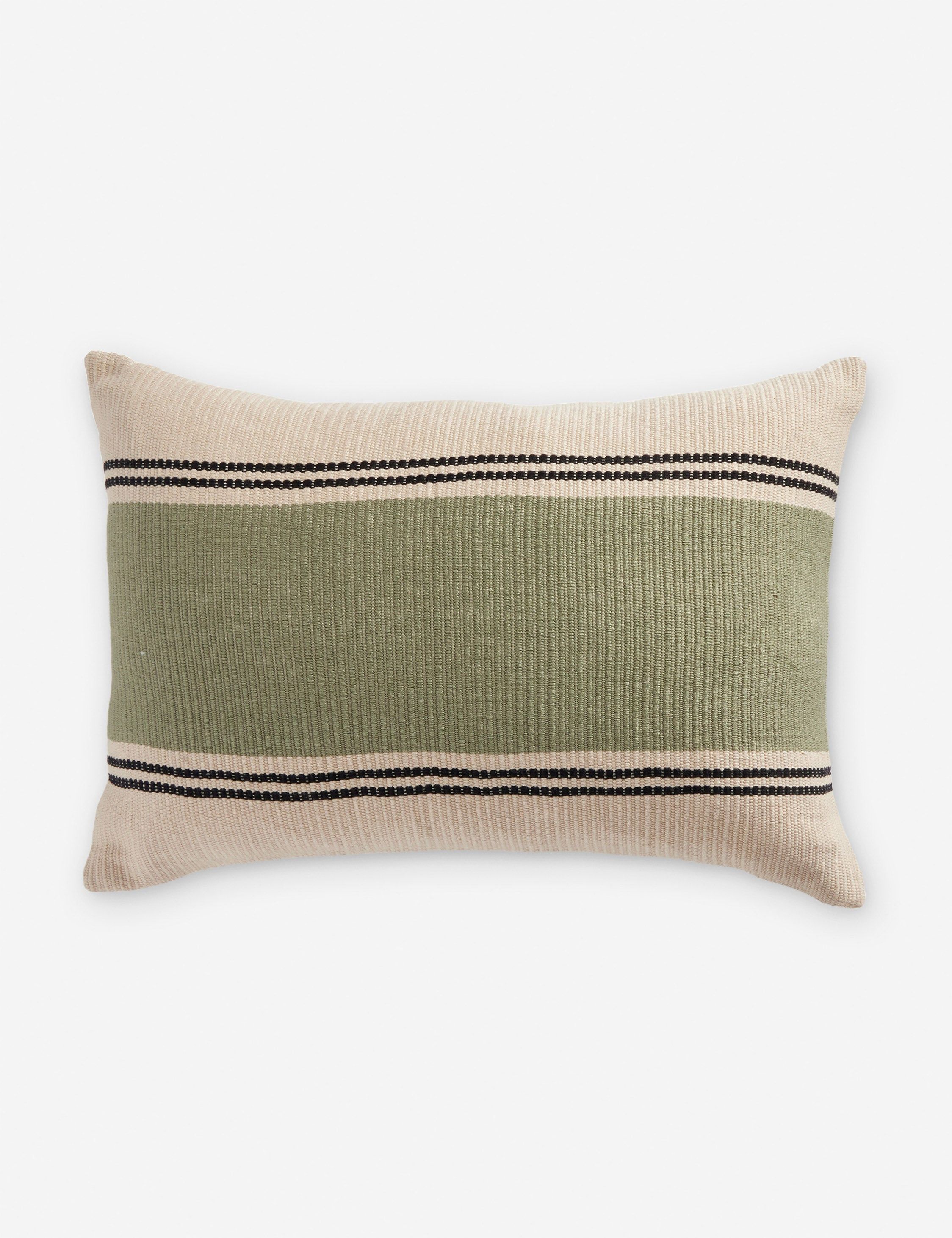 Handwoven Sage and Beige Cotton Lumbar Pillow
