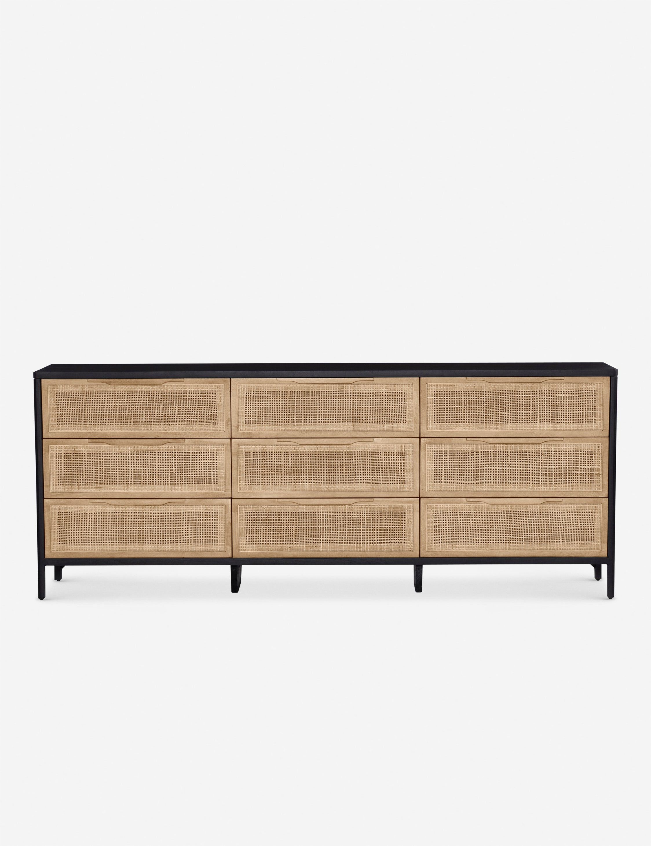 Black and Natural Woven Cane 9-Drawer Coastal Dresser