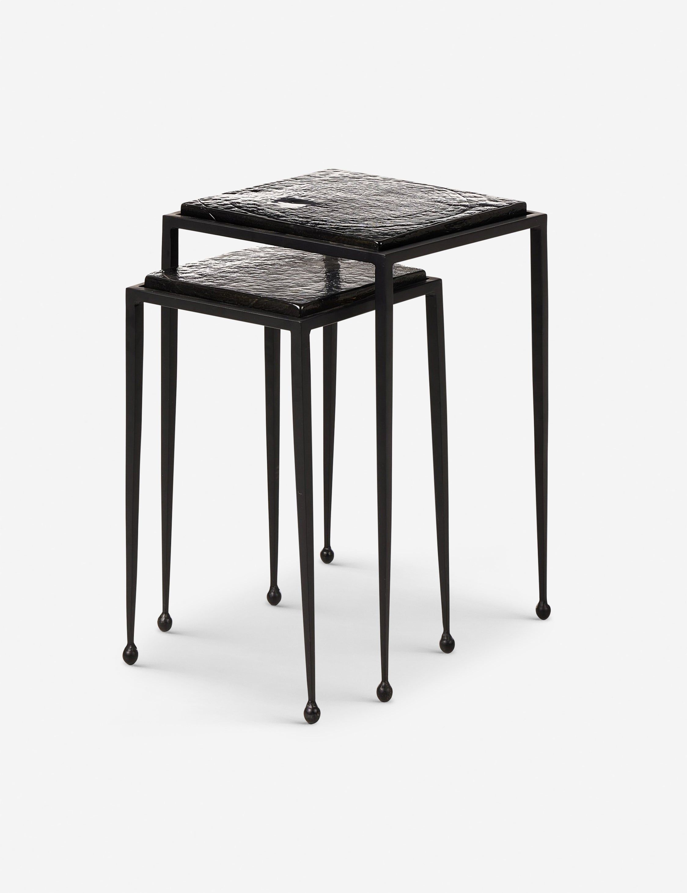 Black Metal and Glass Rectangular Nesting Side Tables Set