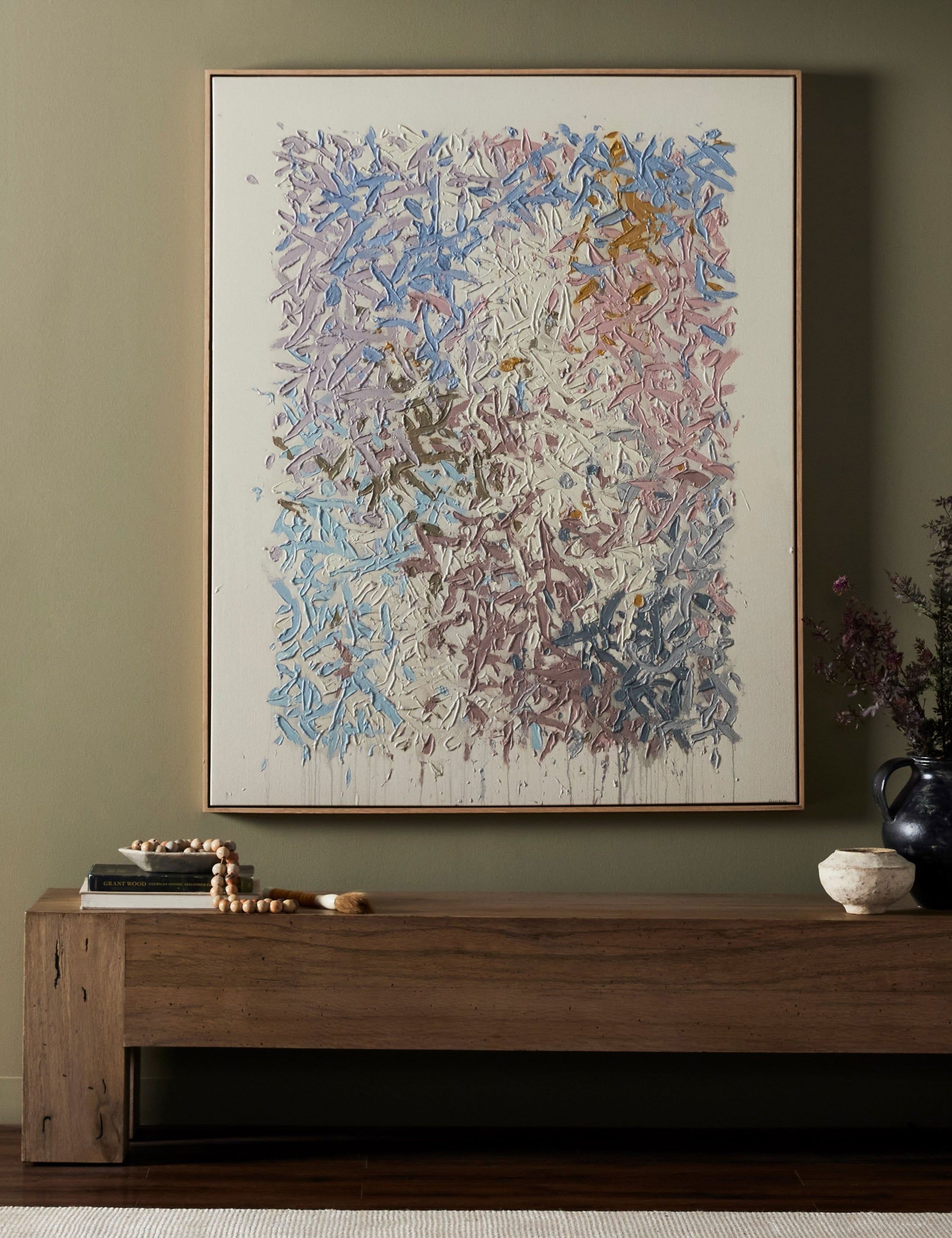 Large Blue and Pastel Abstract Canvas Art with Oak Frame