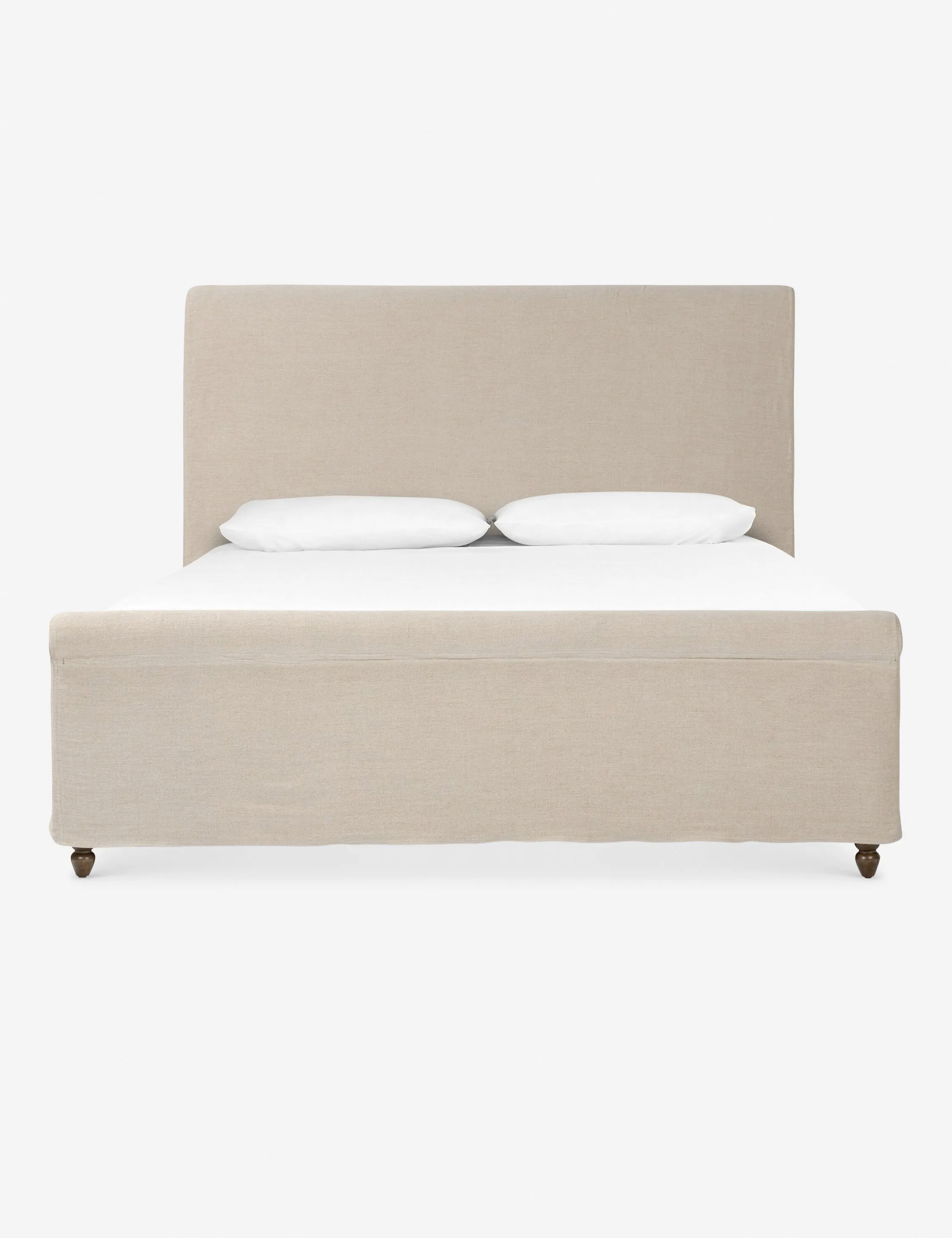 Cream Linen Upholstered Queen Bed with Wooden Legs