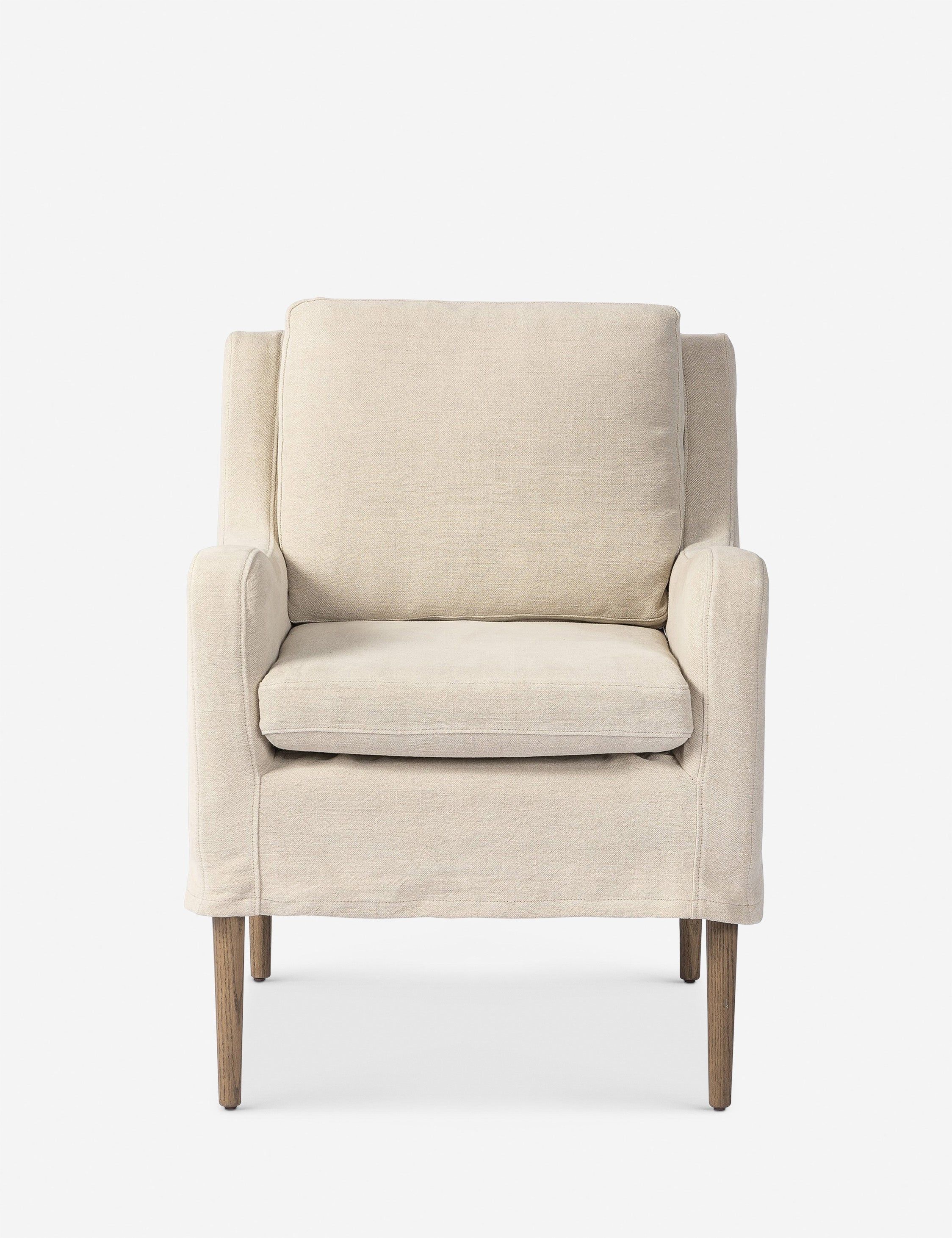 Cream Linen Upholstered Arm Chair with Wood Legs