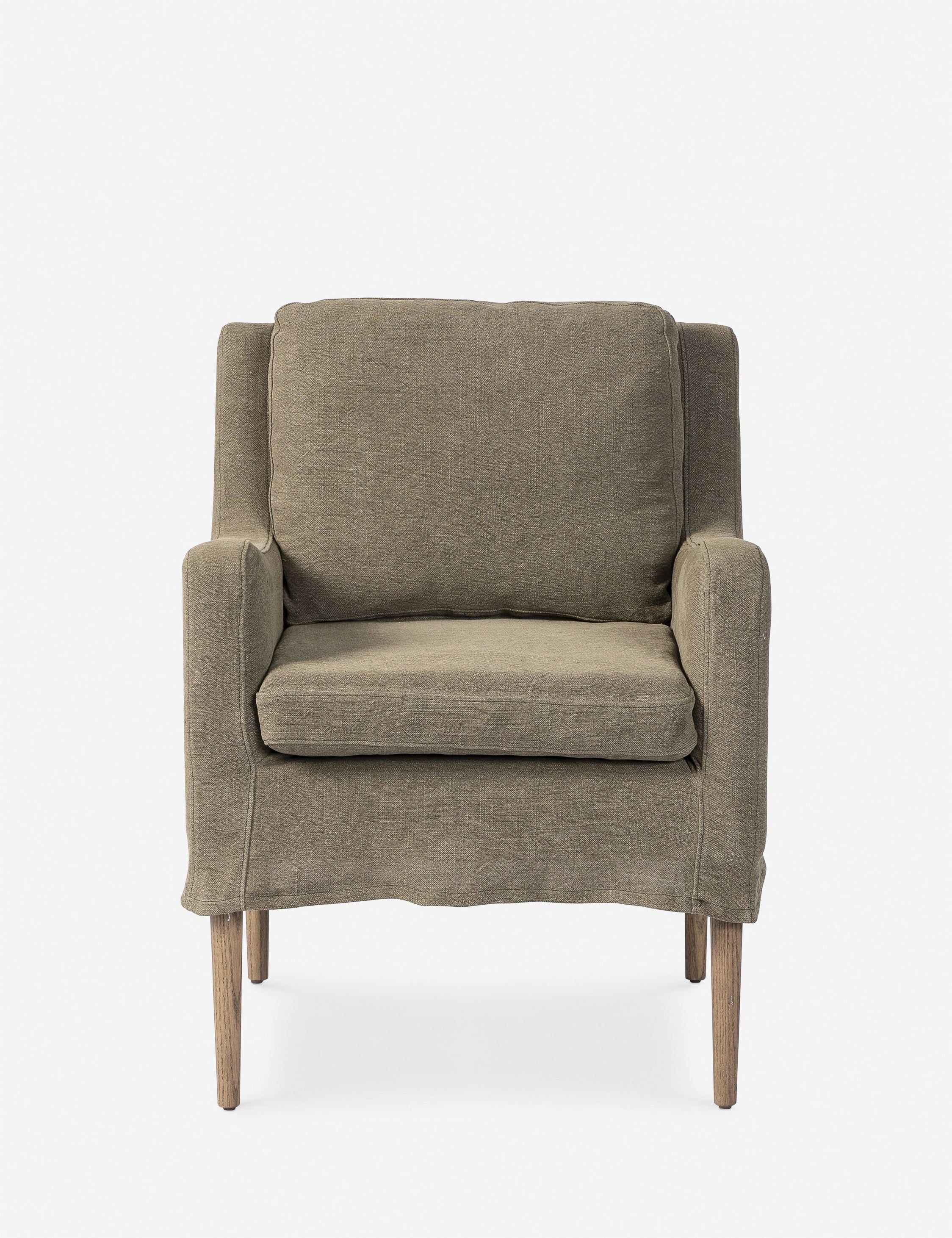 Olive Upholstered Linen Arm Chair with Wooden Legs