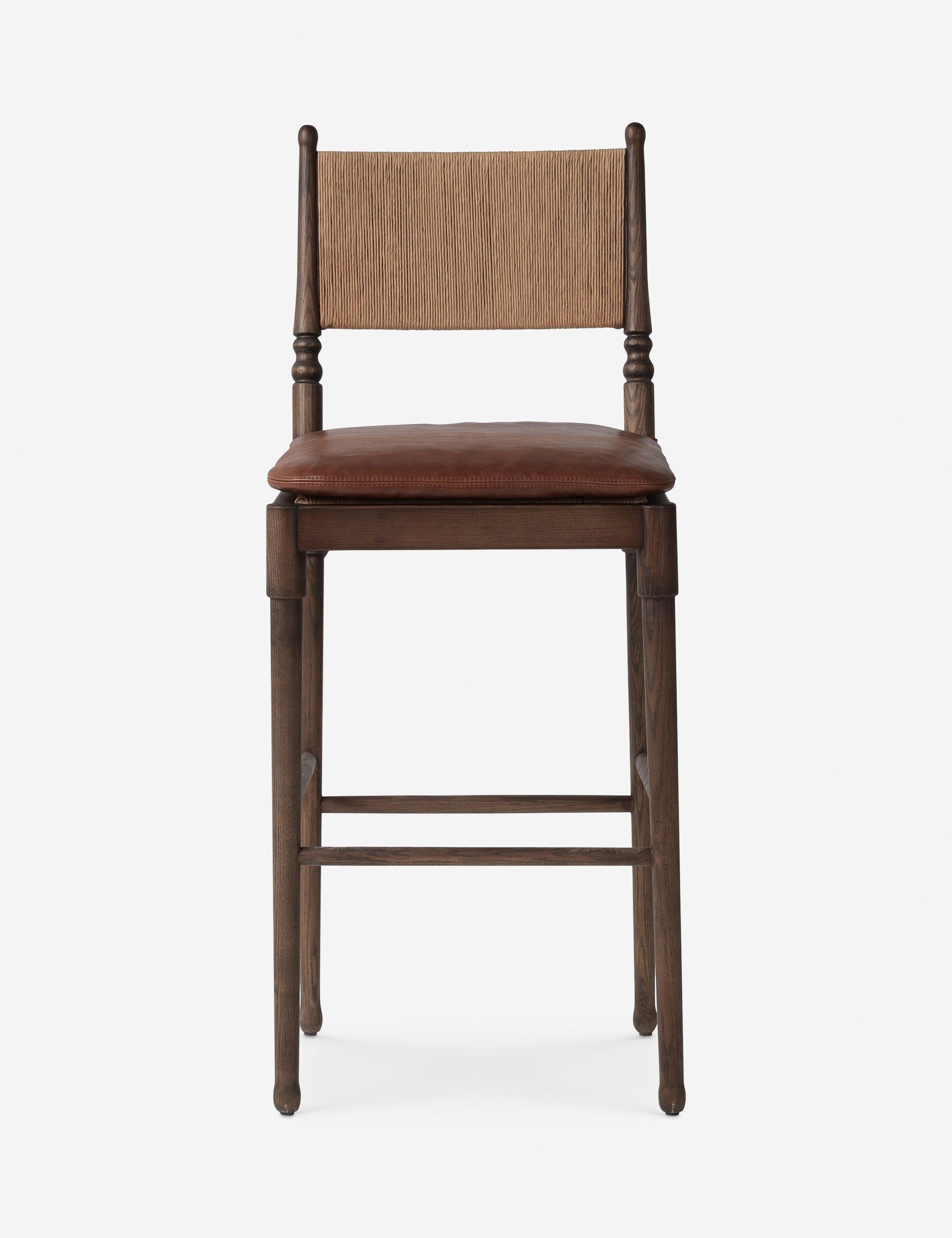 Mahogany Leather and Wood Bar Stool with Woven Back