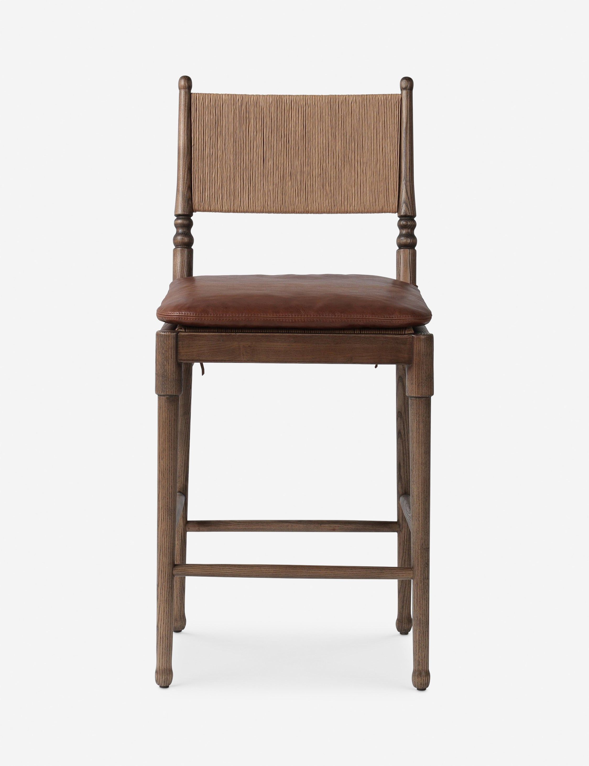 Mahogany Leather and Wood Counter Stool with Woven Back