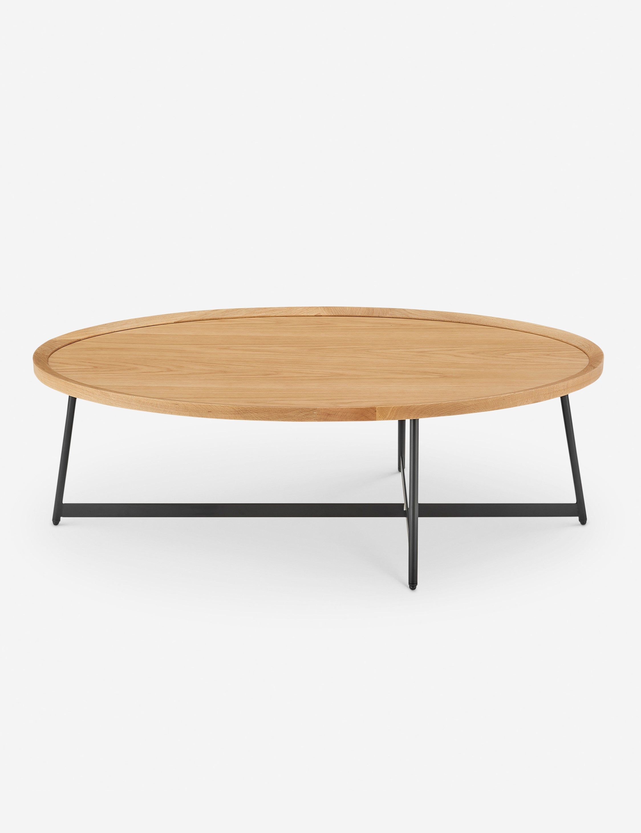 Gweneth Natural Wood Oval Coffee Table with Black Steel Base