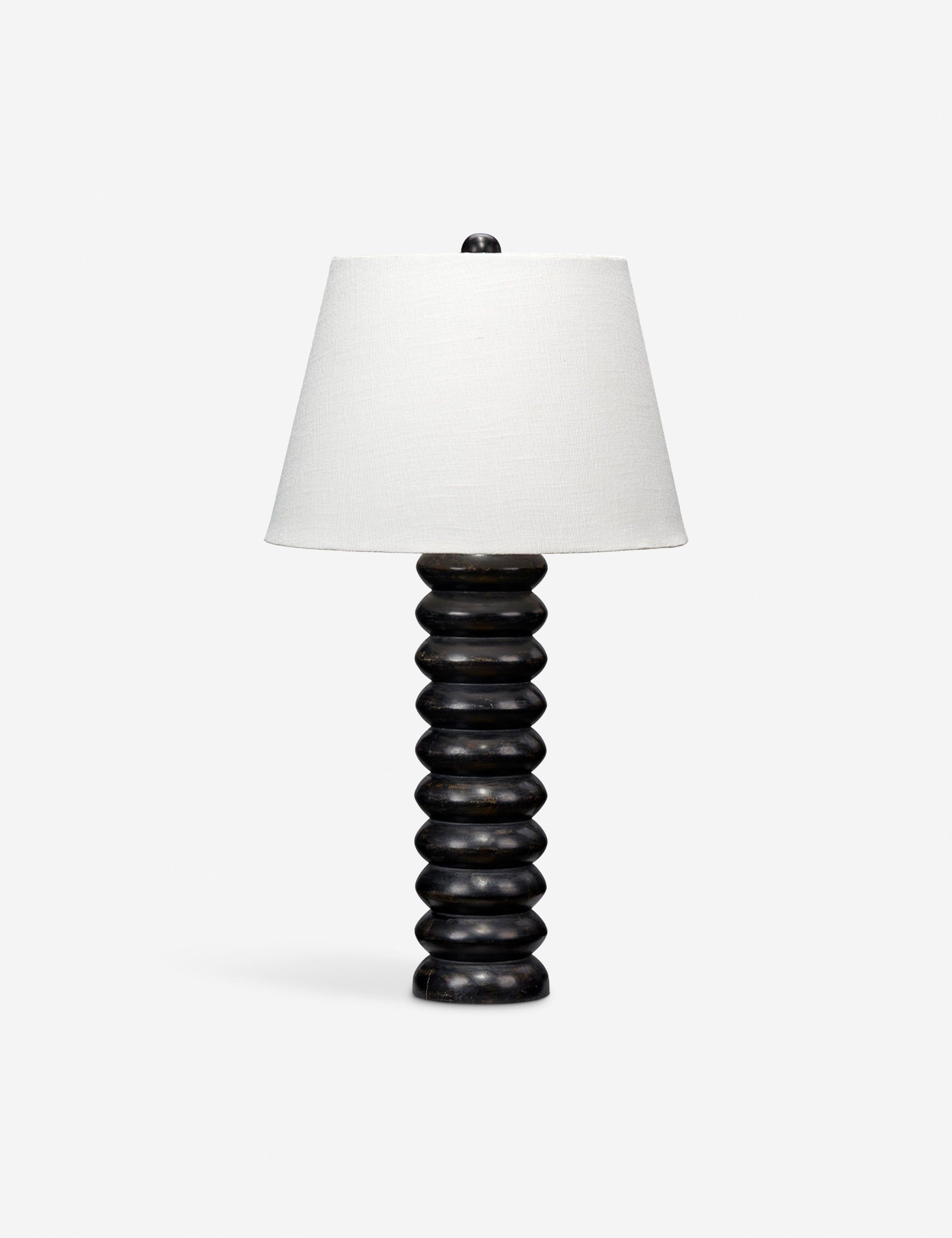 Black Mango Wood Beaded Table Lamp with Linen Shade