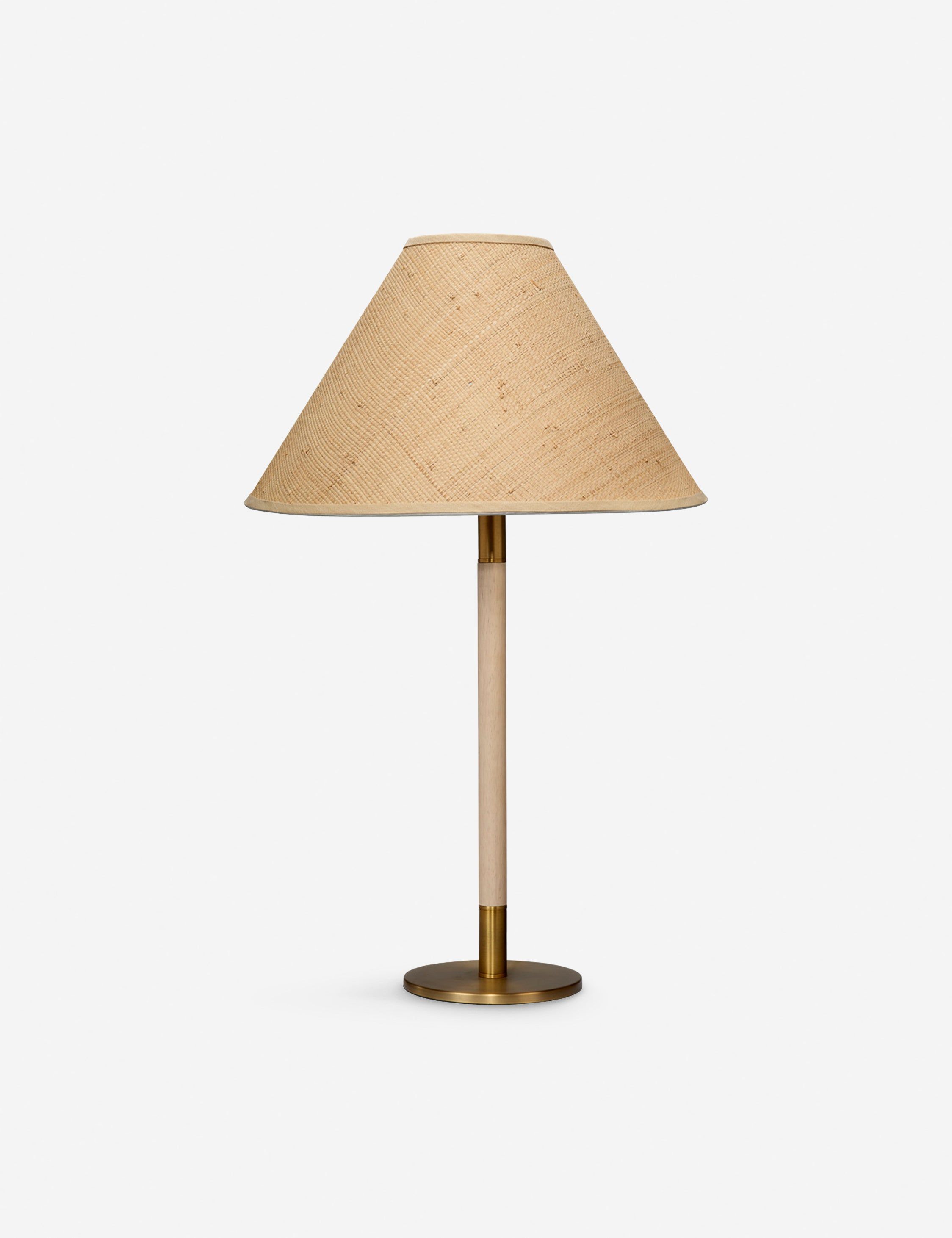 Natural Wood and Brass Table Lamp with Raffia Shade