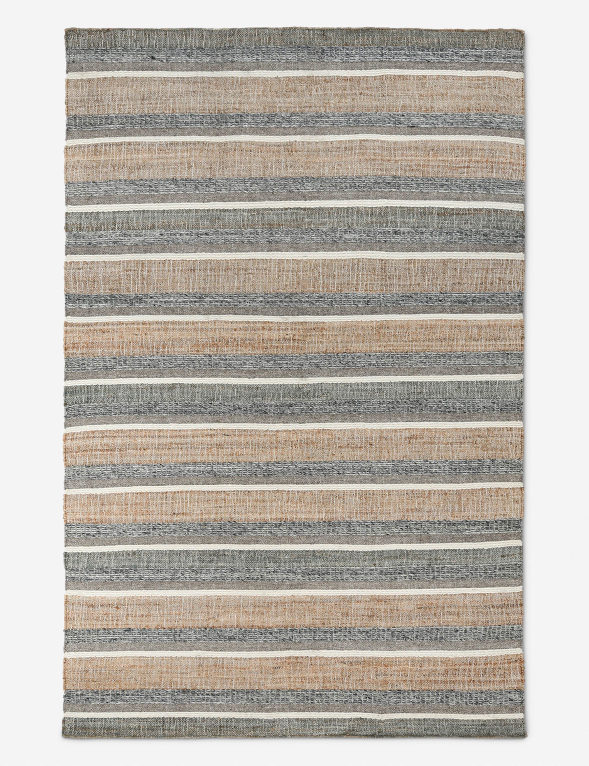 Handmade Blue and Beige Striped Wool Rug, 5' x 8'