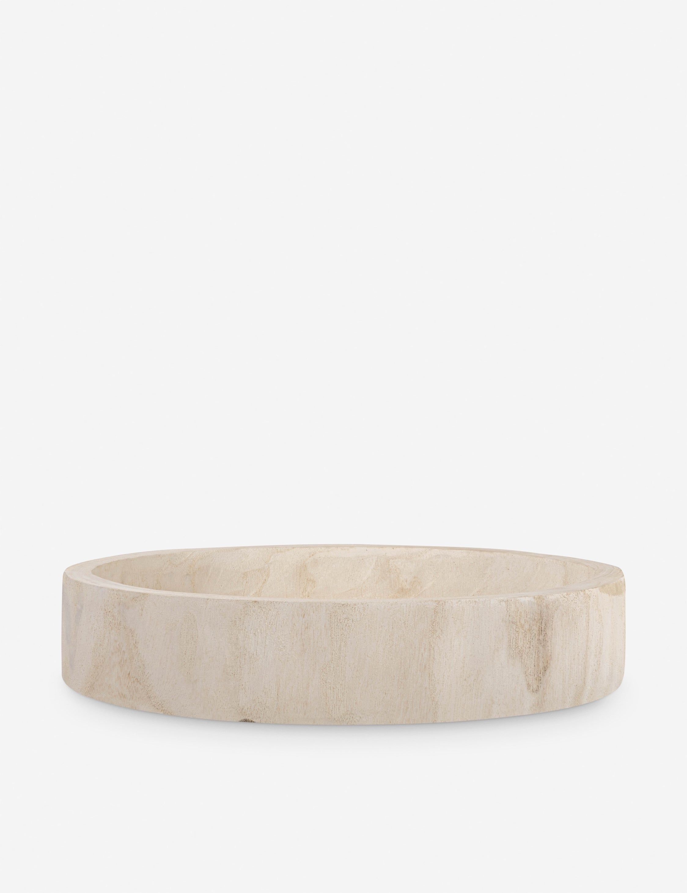 Whitewashed Round Hand-Carved Paulownia Wood Decorative Tray