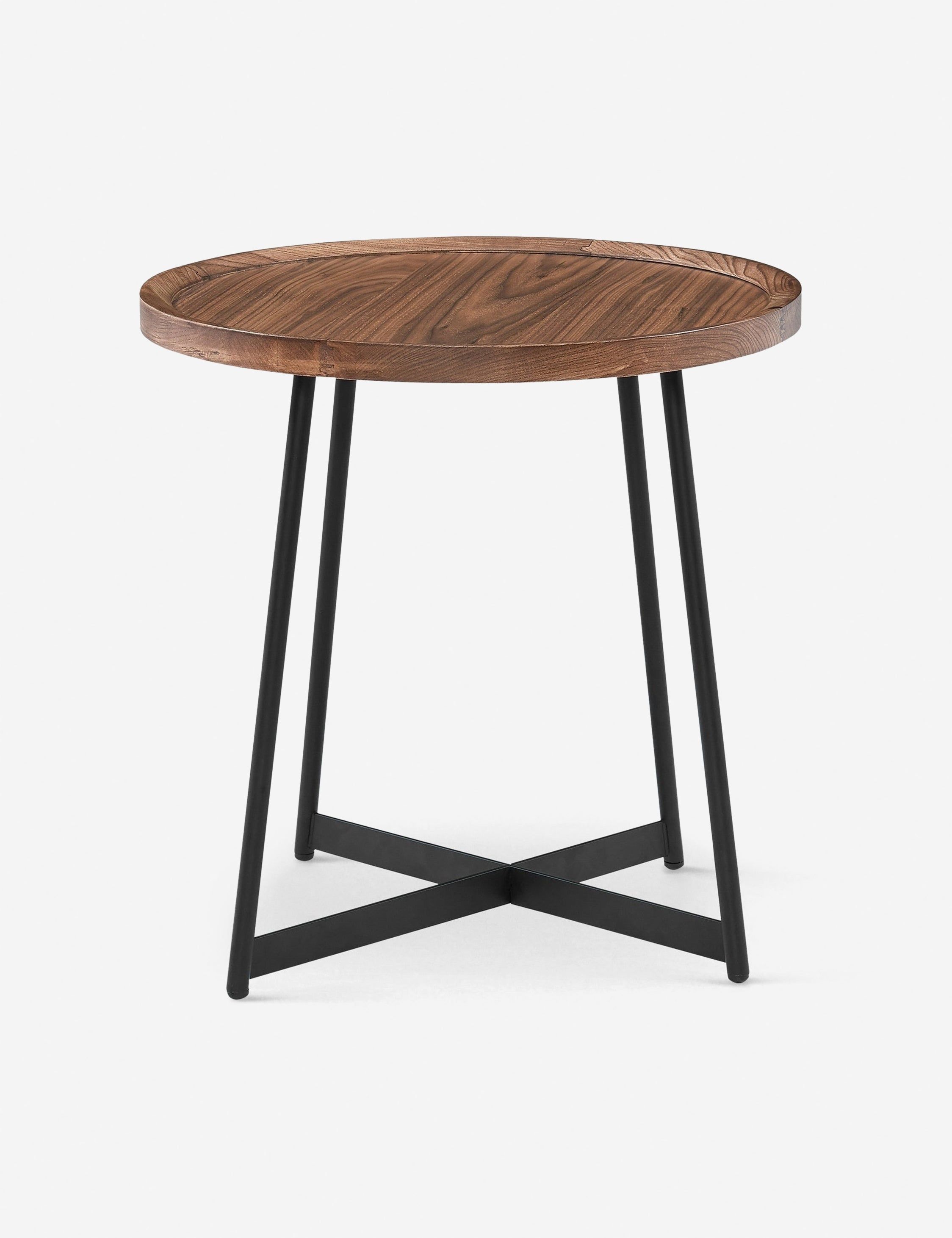 Niklaus 23" Round Walnut Veneer Side Table with X-Shaped Steel Base