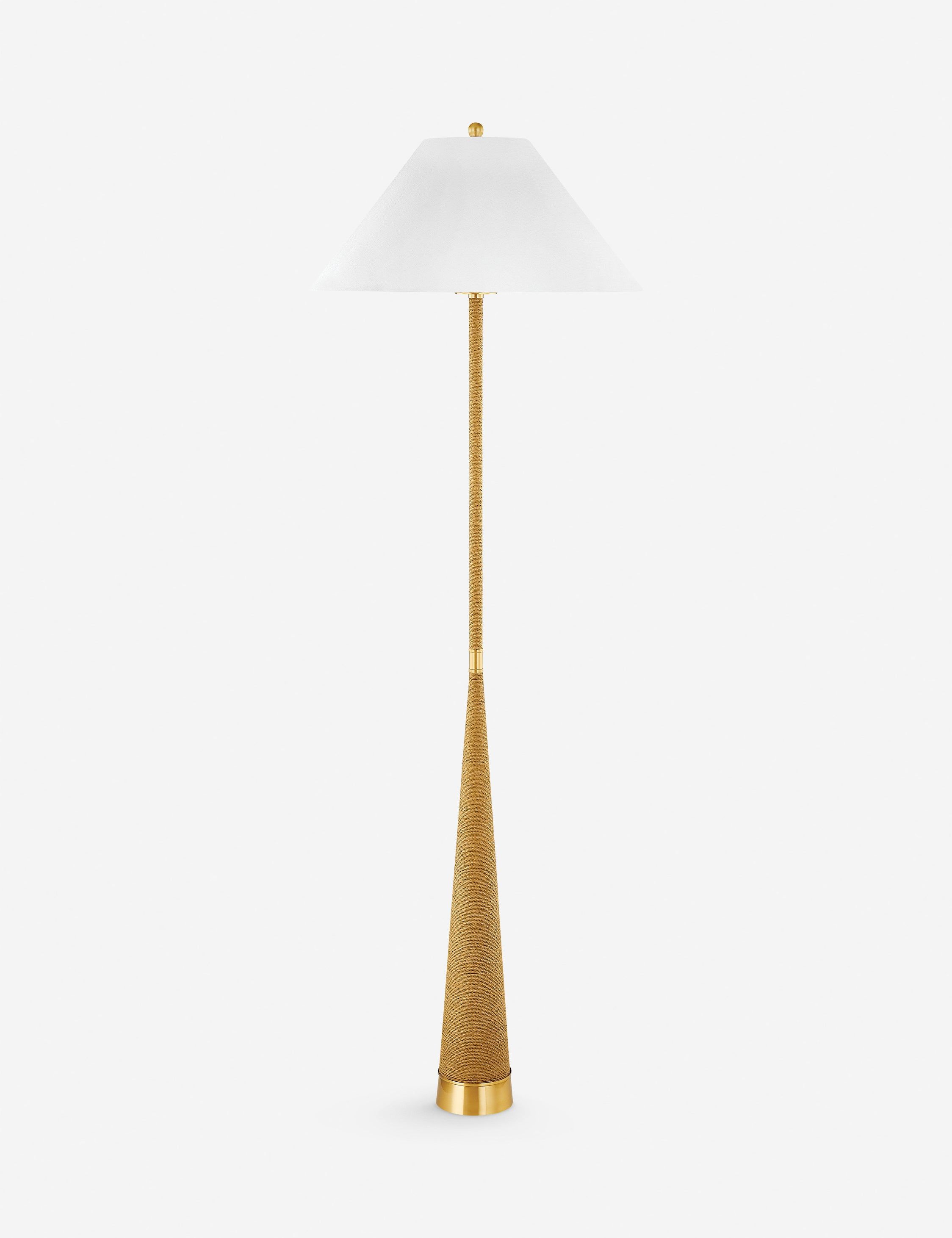 Aged Brass Floor Lamp with White Linen Shade