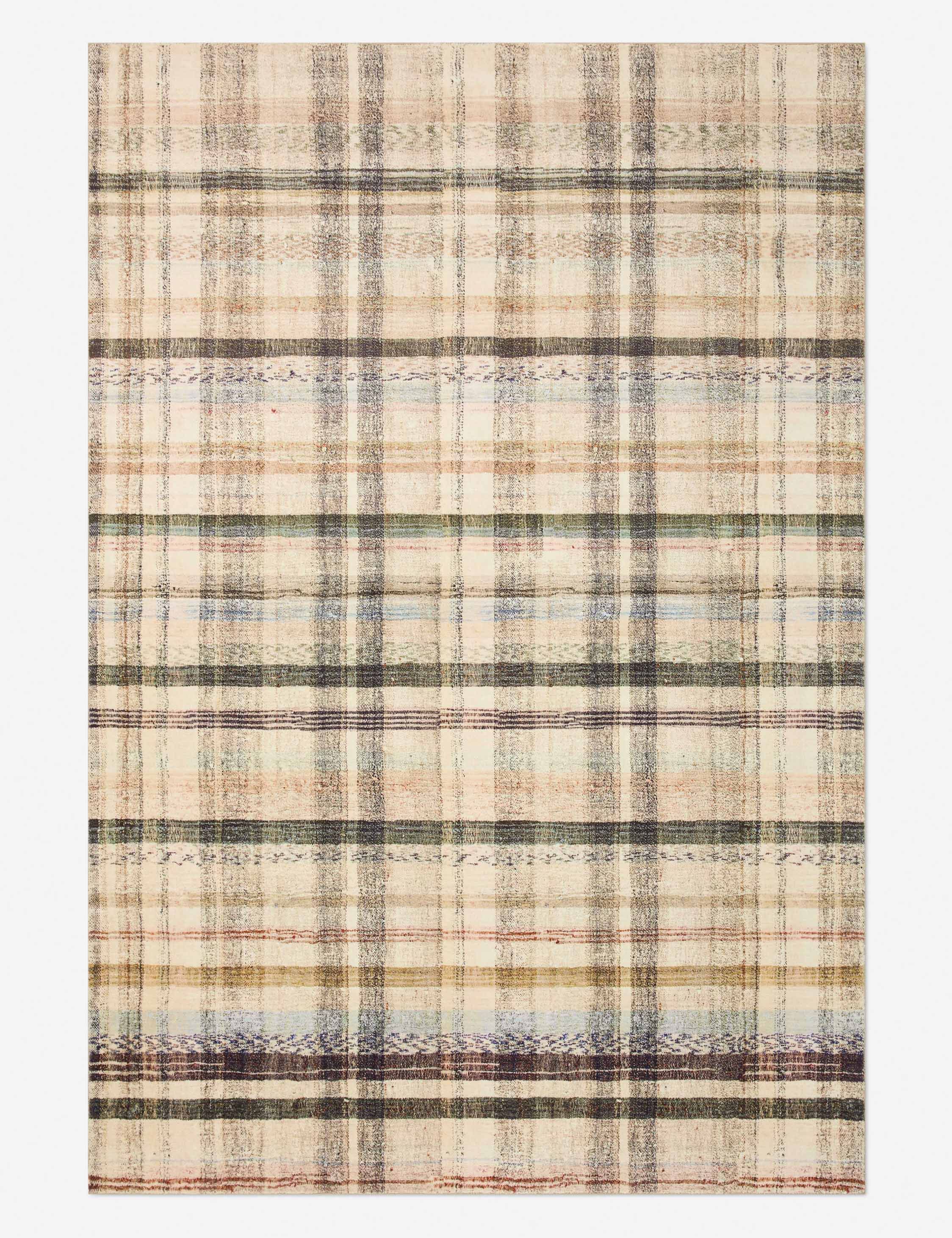 Ivory and Multi Plaid Synthetic 2' x 3'-6" Area Rug