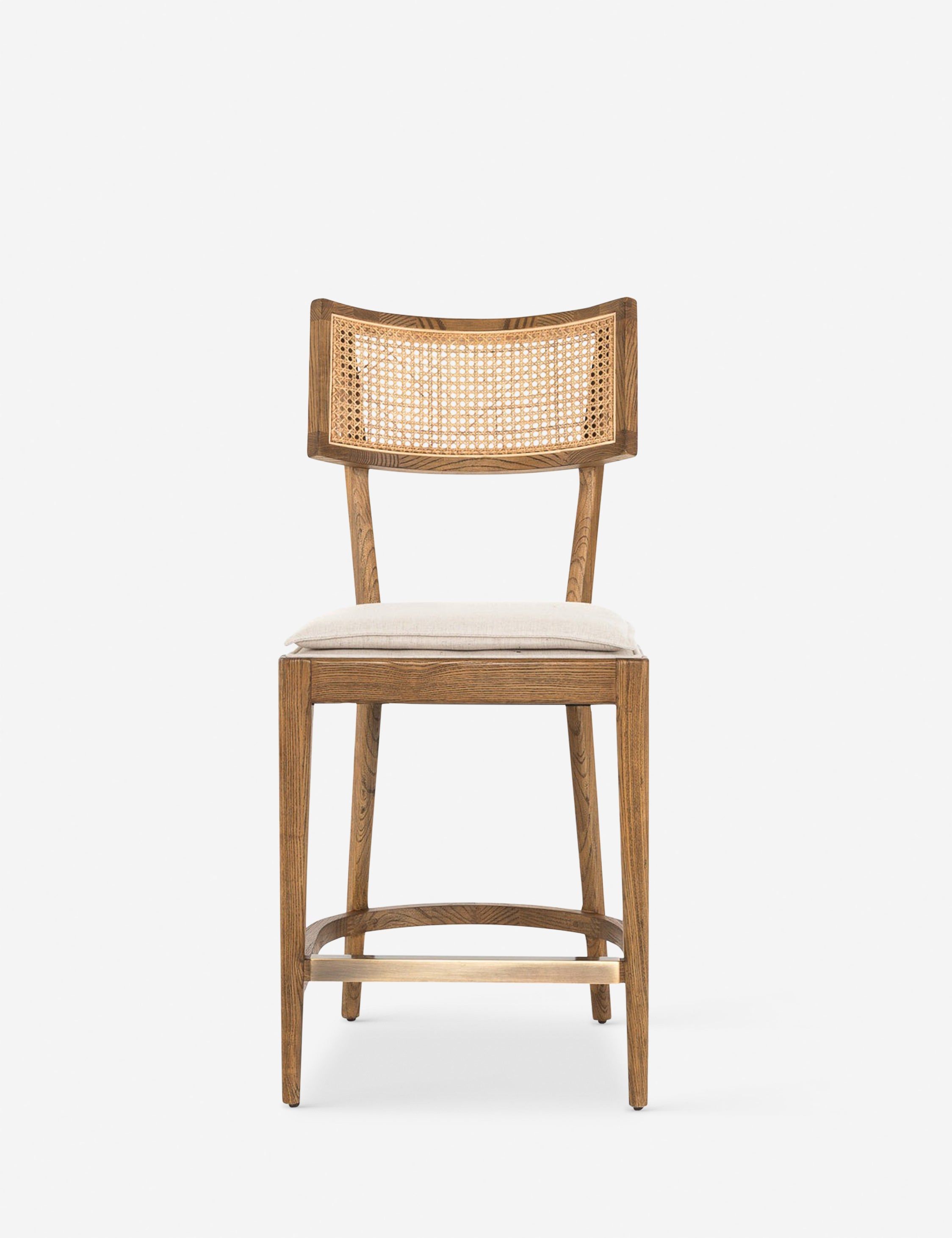 Britt Counter Stool in Toasted Nettlewood with Cane Inlay and Linen Cushion