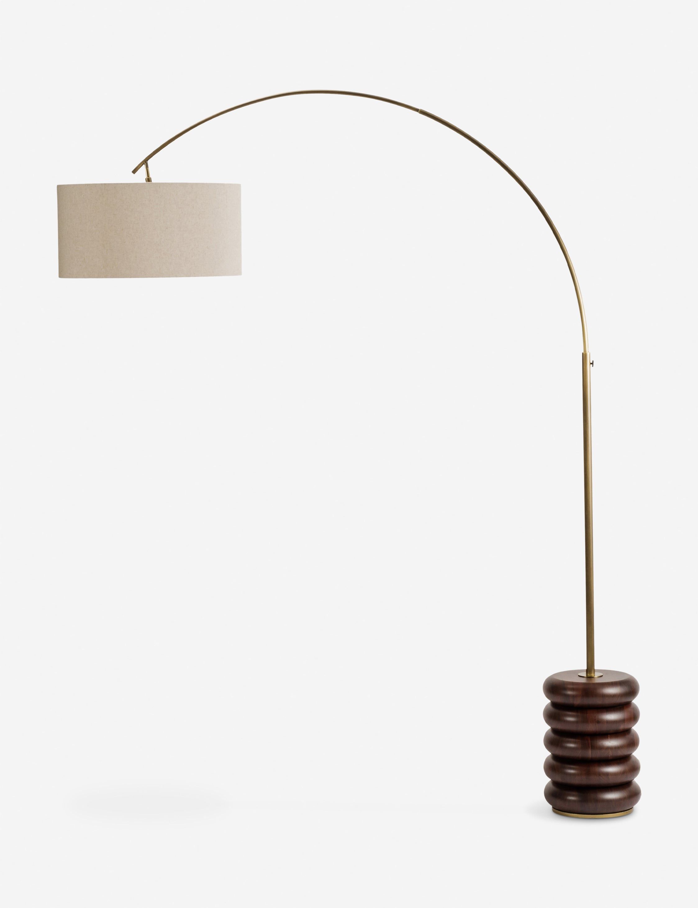 Brown Arc Floor Lamp with Sculptural Wood Base and Linen Shade