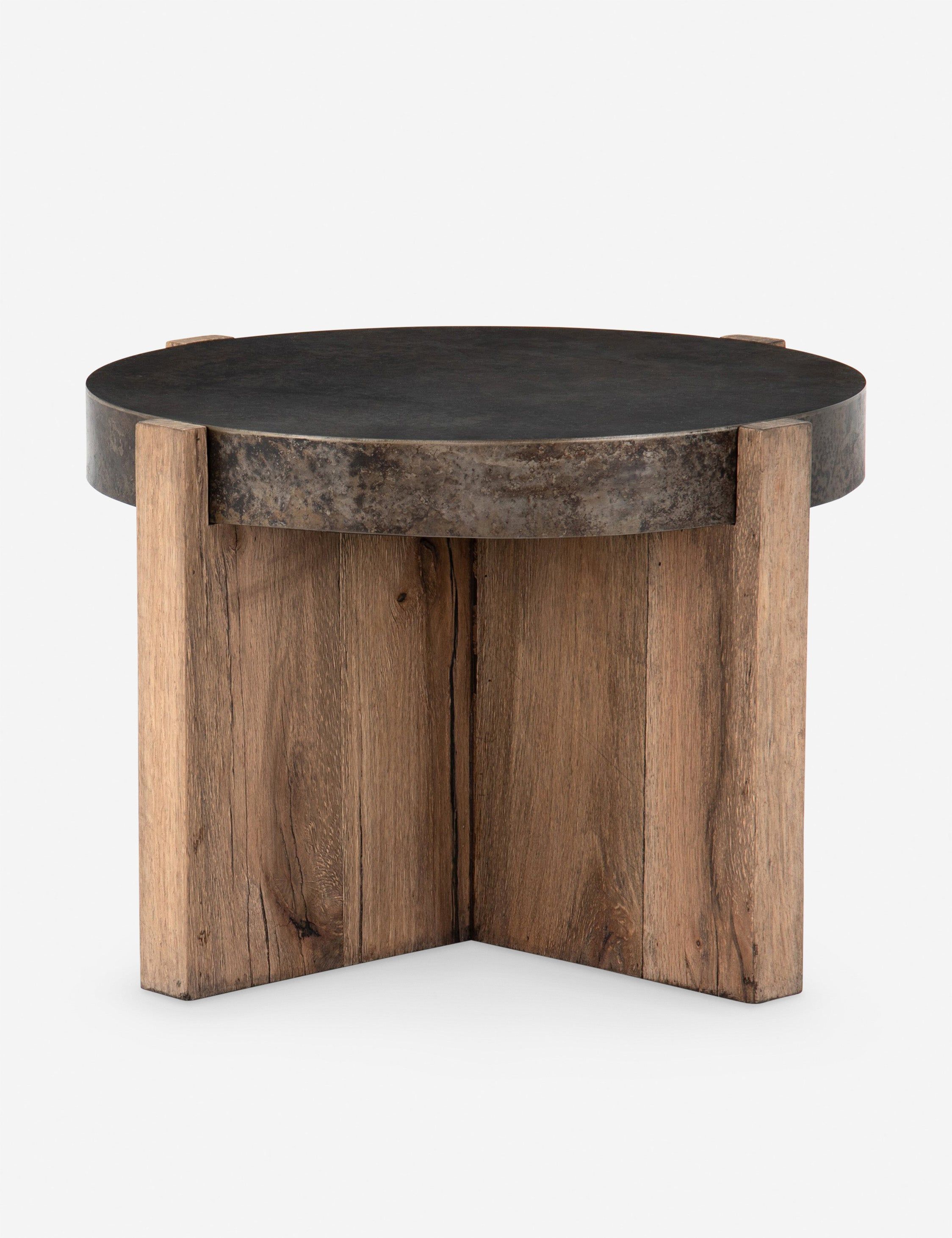 Round Black and Brown Wood Metal Side Table