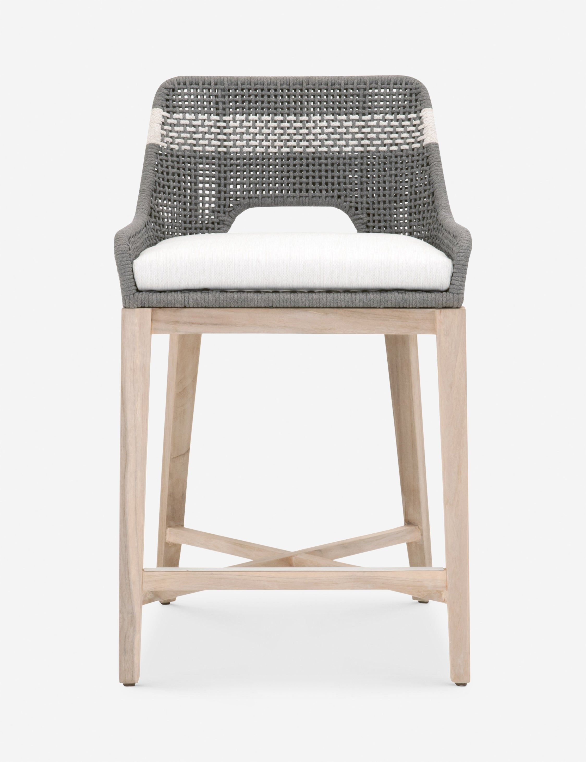 Gray Teak and Polyolefin Rope Counter Stool with White Cushion