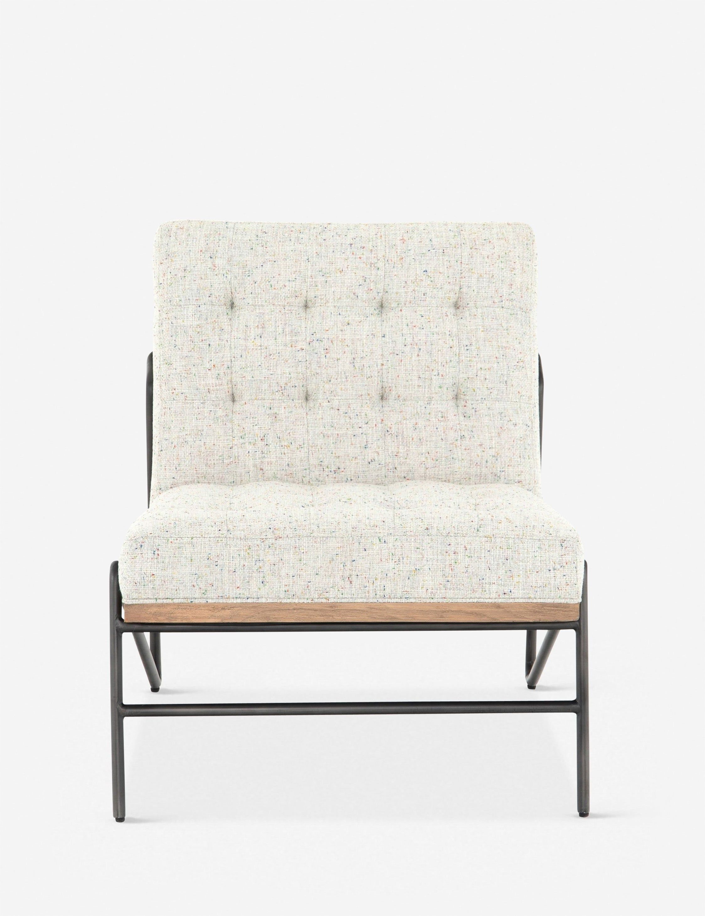 27'' White Leather & Wood Slipper Accent Chair with Neutral Fleck