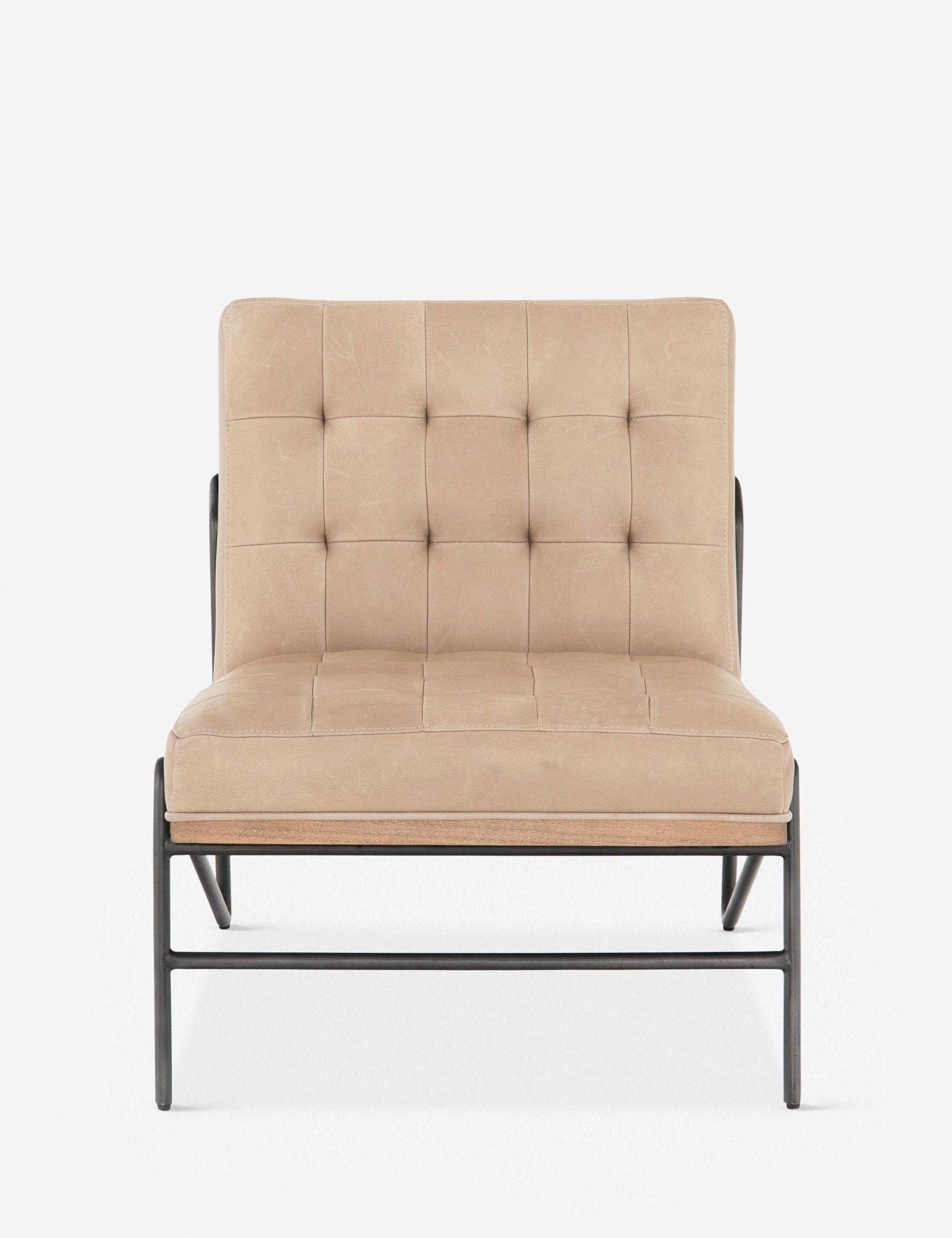 27'' Beige Burlap and Leather Slipper Accent Chair with Wood Frame