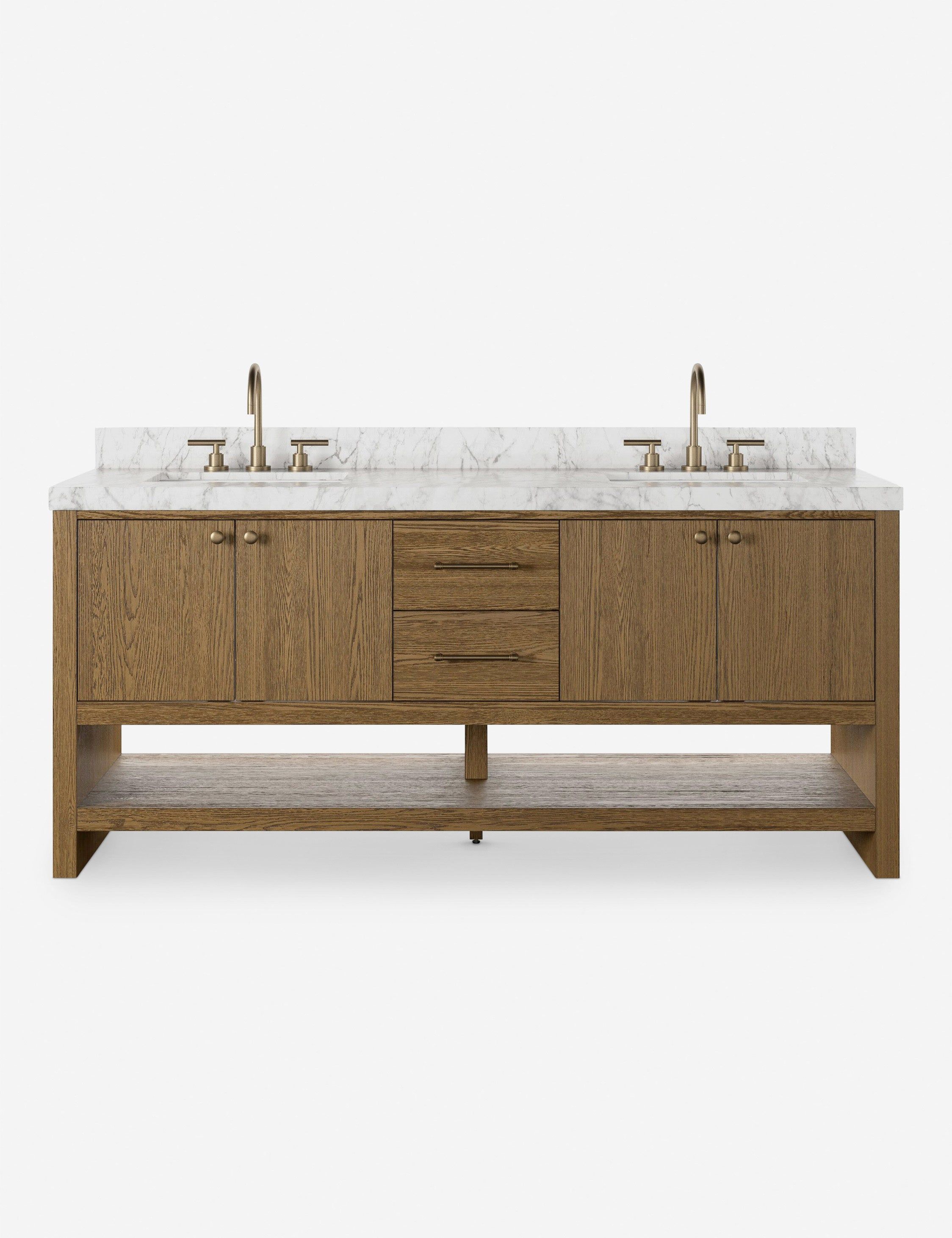 72" Double Vanity in Washed Natural Oak and Carrara Marble