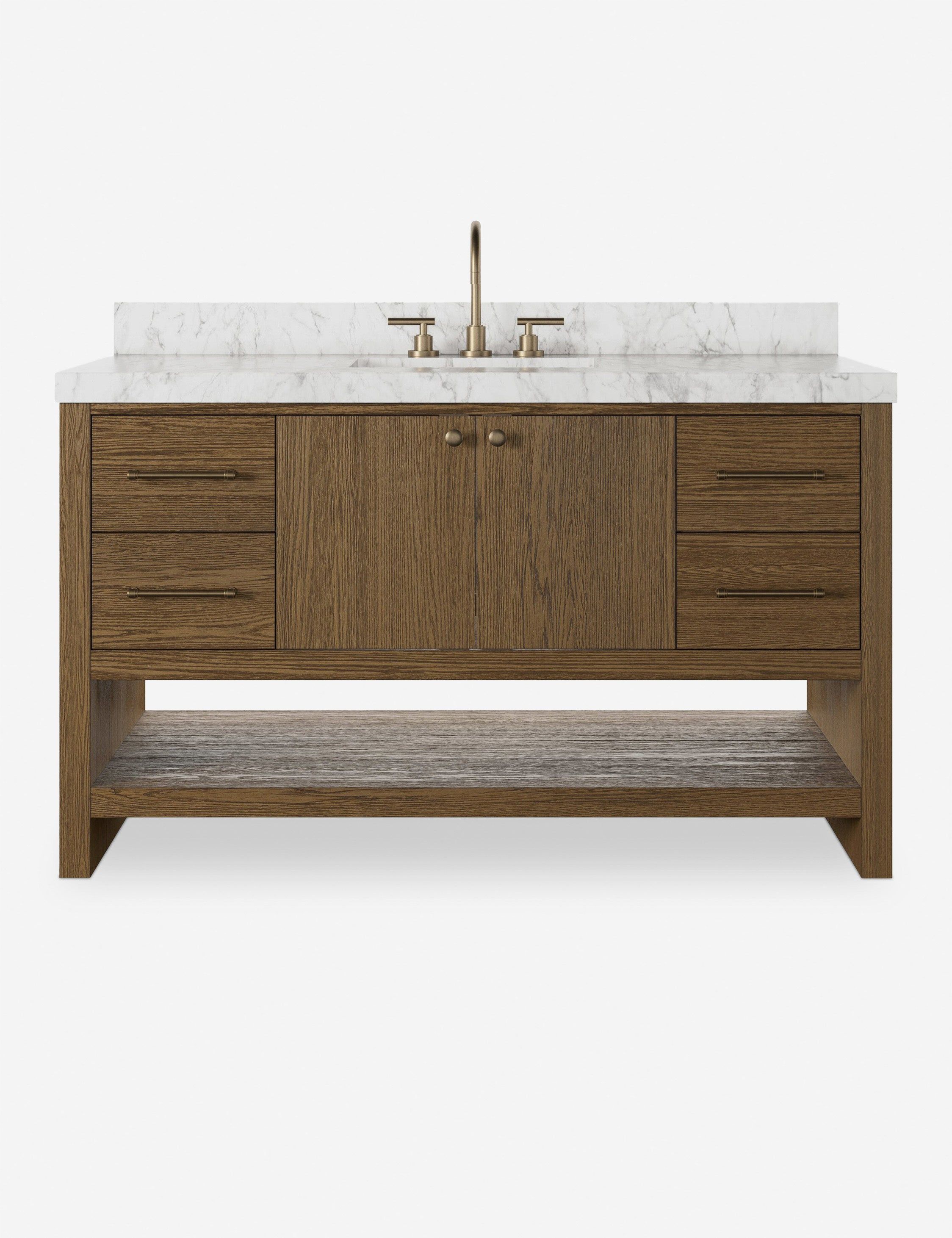 55" Toasted Oak and Carrara Marble Freestanding Vanity