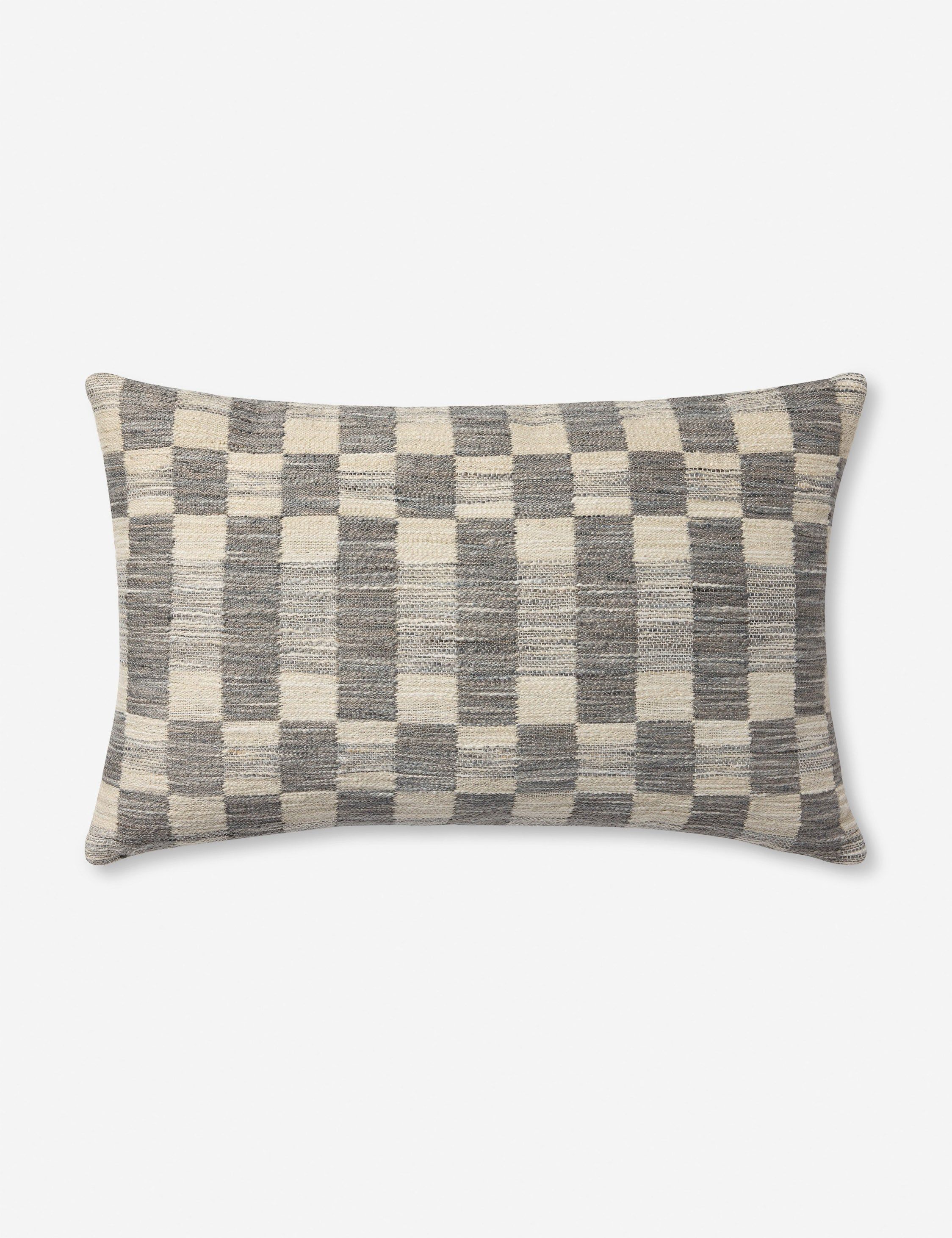 Charcoal and Ivory Checkered Polyester Lumbar Pillow 13" x 21"