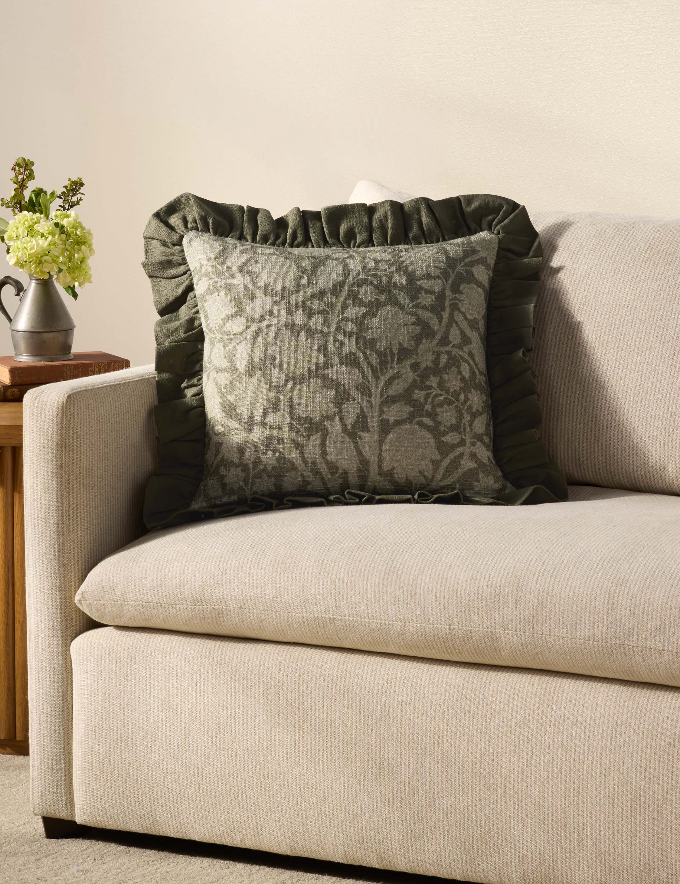 Green Floral Cotton Throw Pillow with Ruffled Edges, 18" x 18"