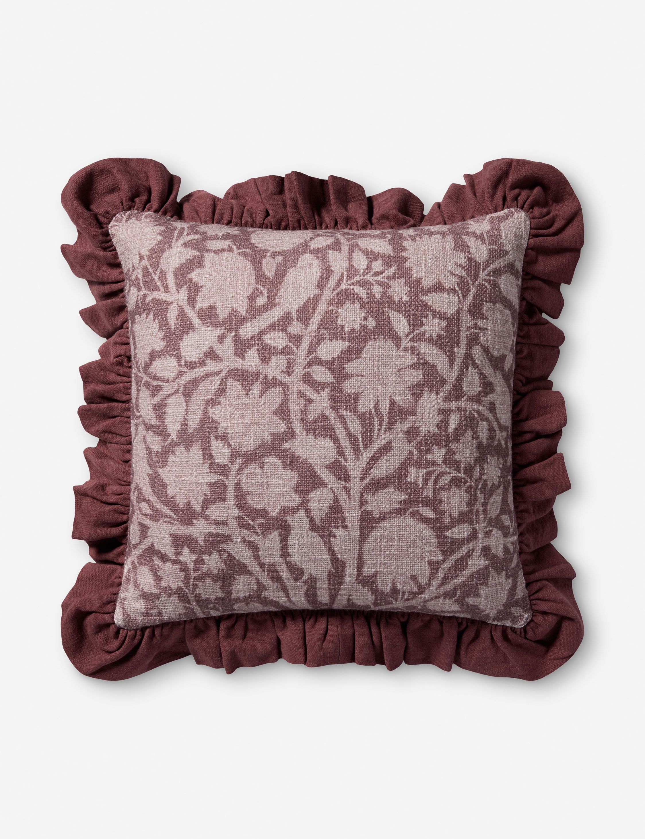Kathleen Wine Cotton Botanical Throw Pillow with Ruffled Edges