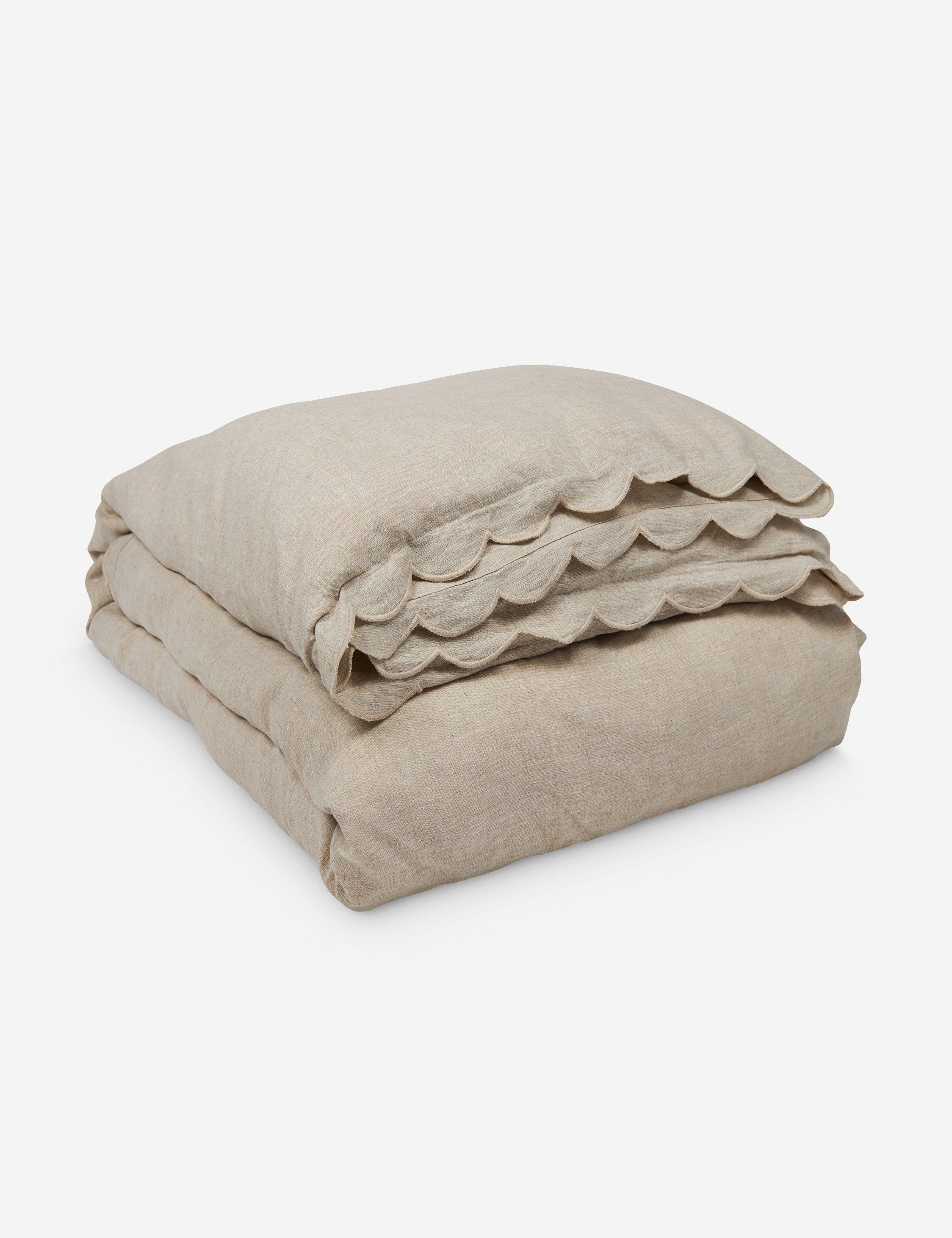 Flax Queen Linen Duvet Cover with Scalloped Edges