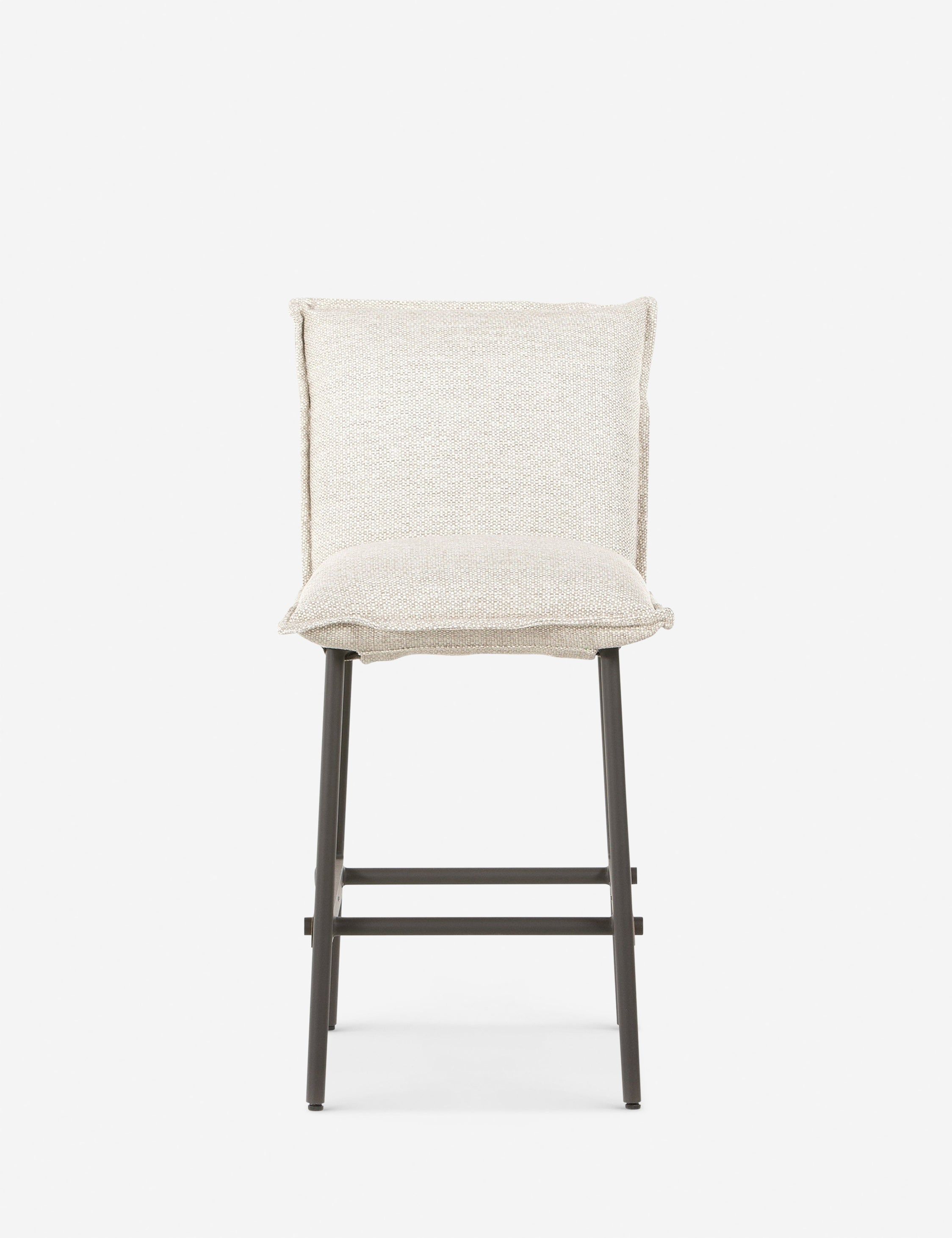 Cream Upholstered Counter Stool with Iron Frame and Teak Accents