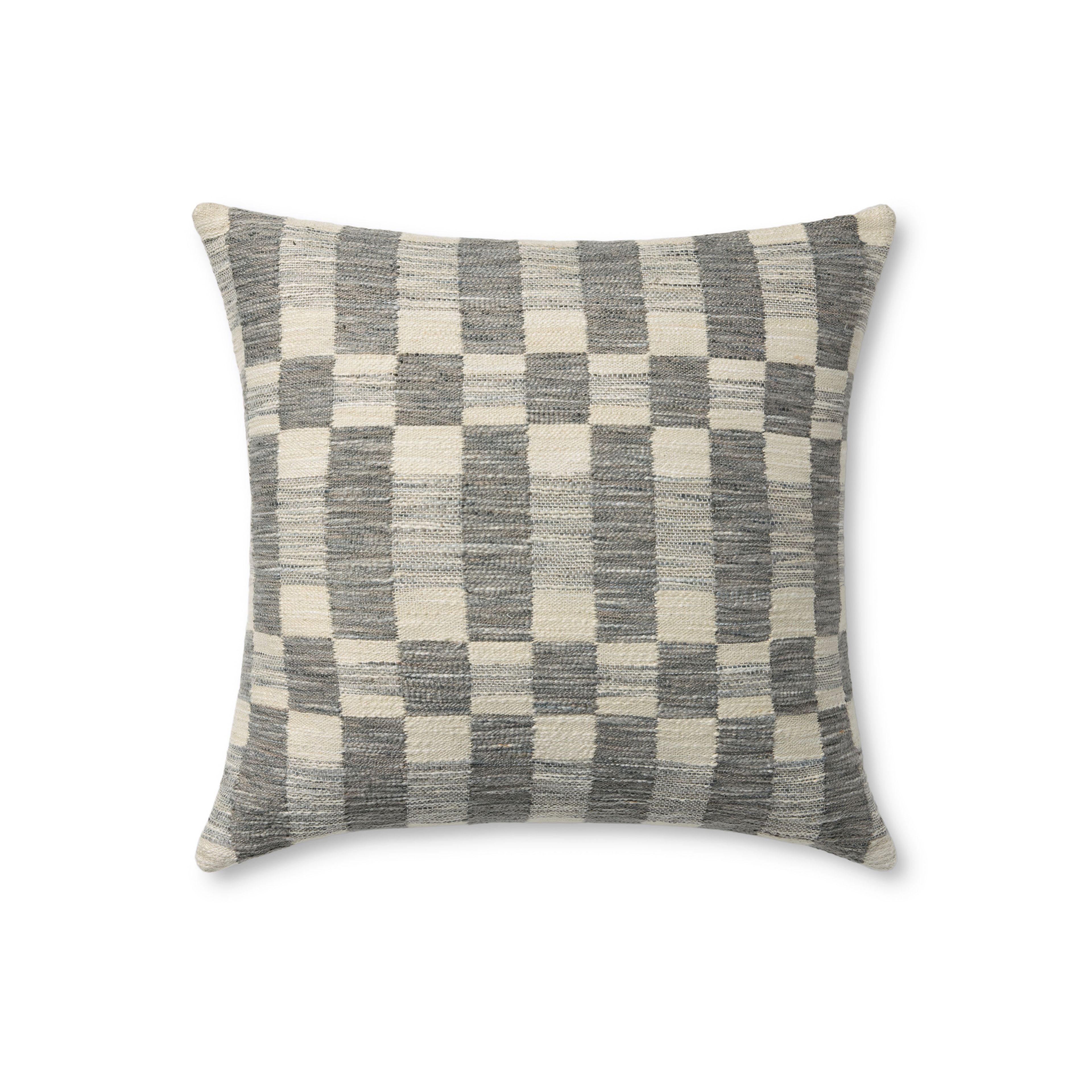 Charcoal and Ivory Checkered Polyester Square Pillow 18"