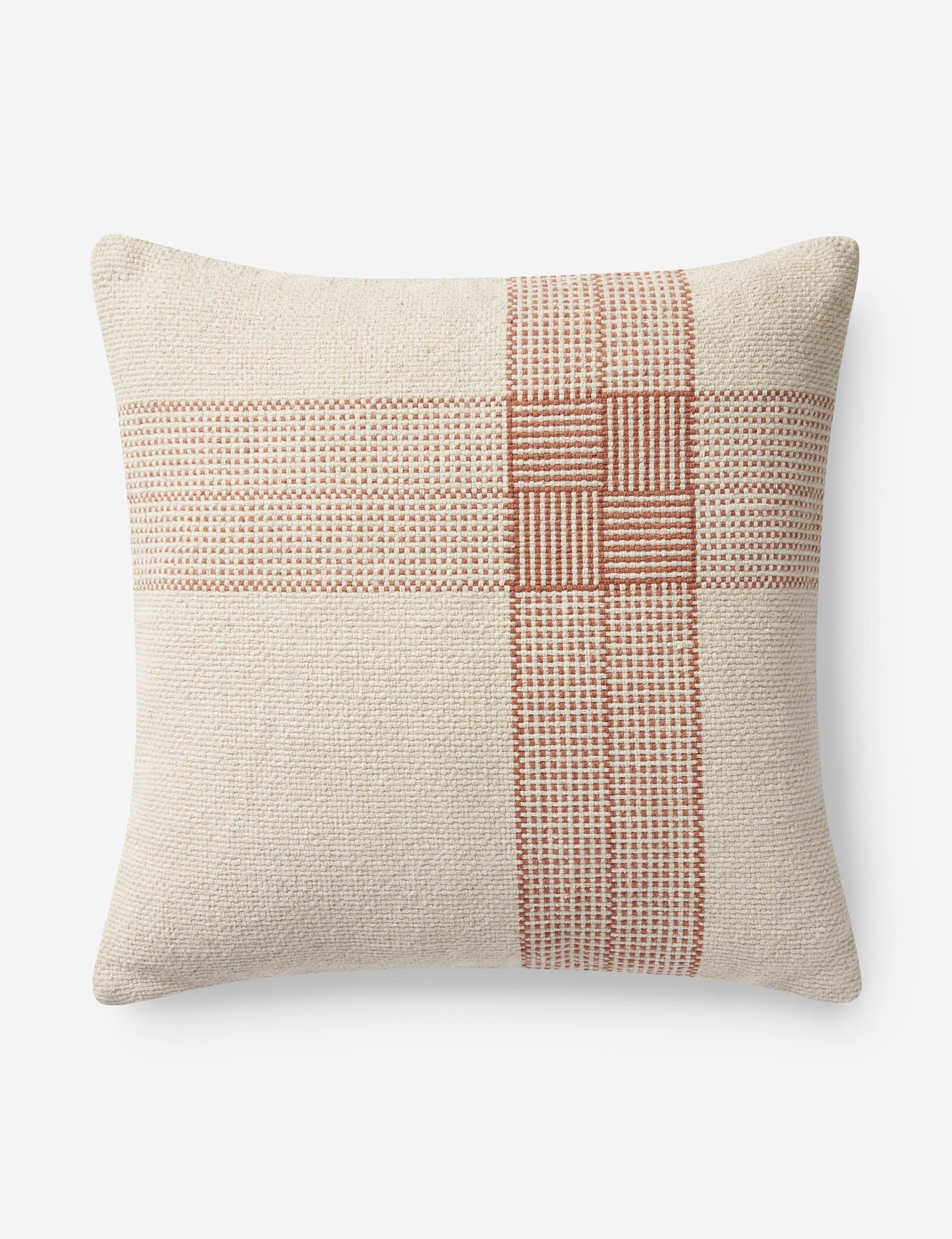 Cream and Terracotta Handwoven Cotton Throw Pillow with Down Insert