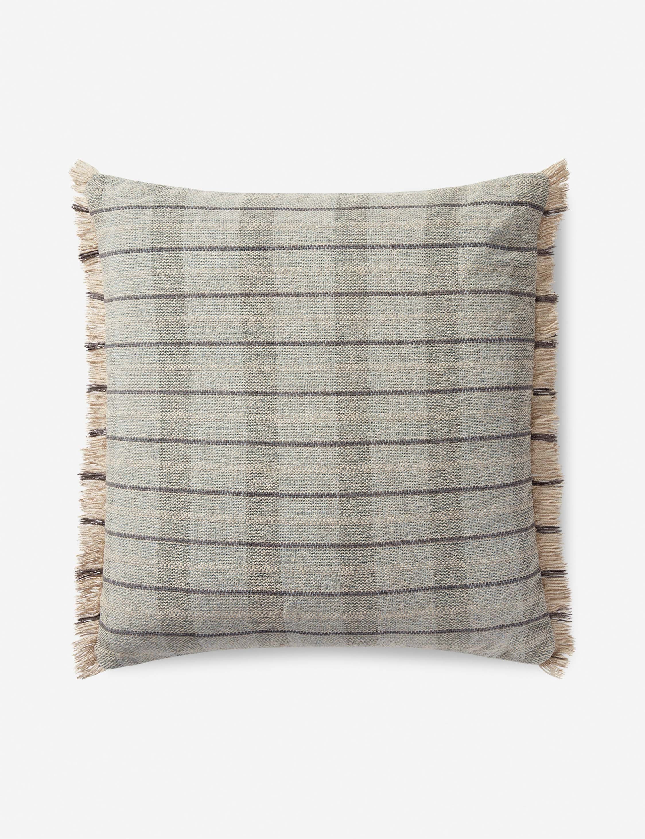 Sage Plaid Cotton Pillow with Fringe, 22'' x 22''