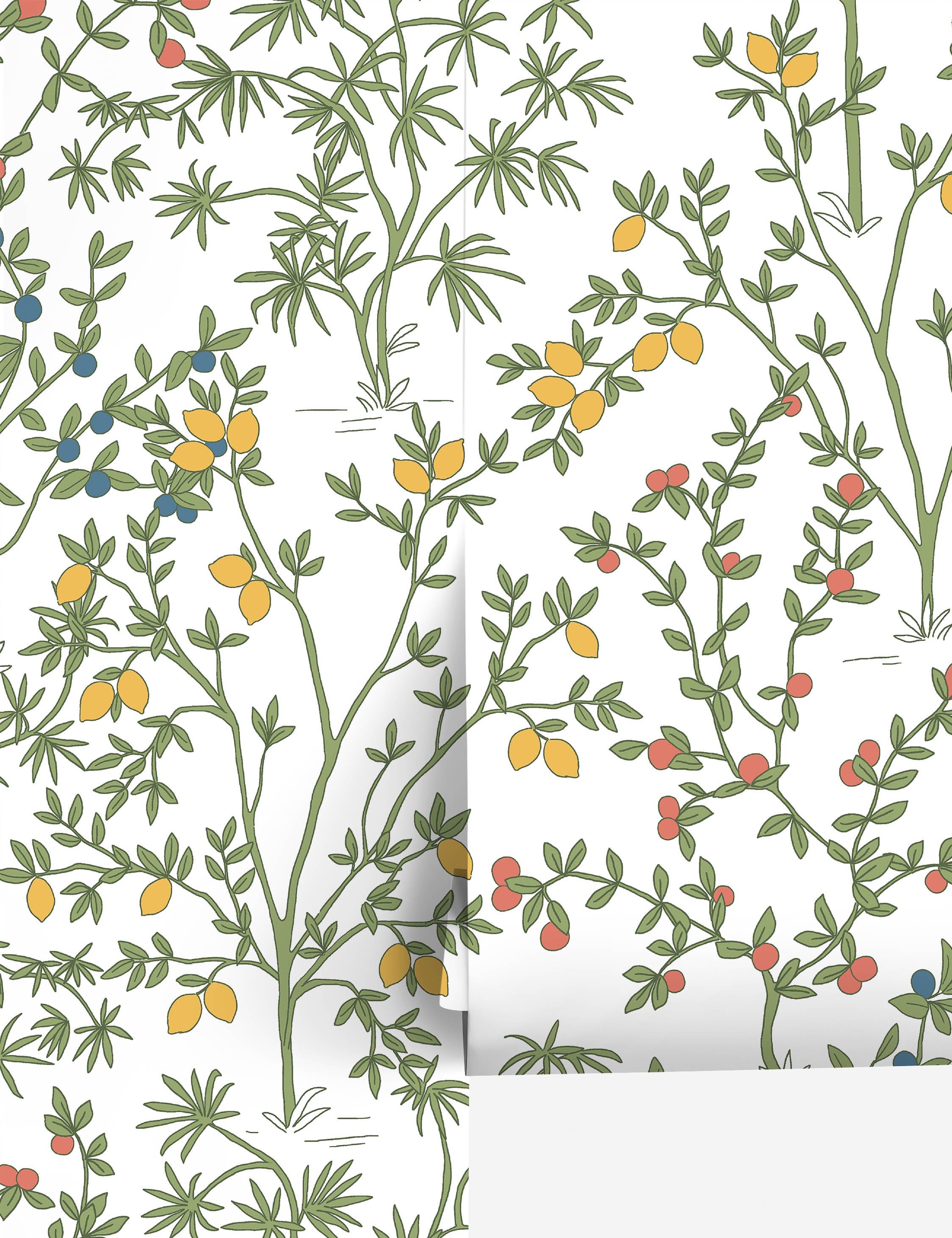 White Lemon Grove Peel and Stick Botanical Wallpaper