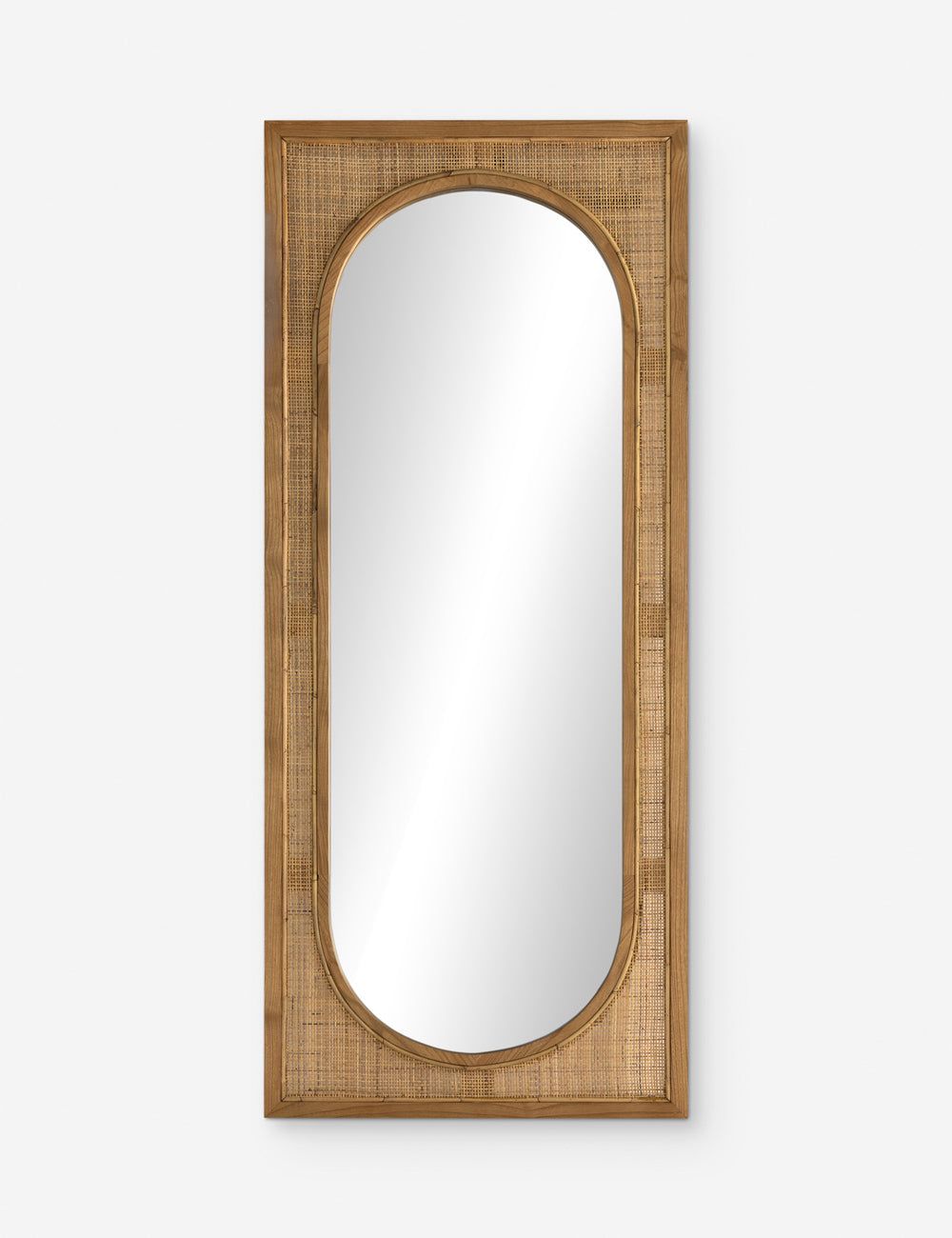 Contemporary Full-Length Oval Mirror in Brown Wood with Leather Accents