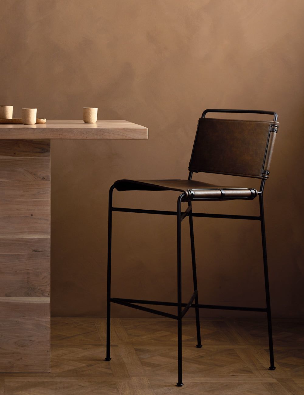 Distressed Brown Faux Leather and Iron Bar Stool