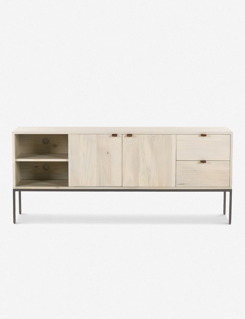 Modern White Wood & Metal Media Console with Leather Pulls