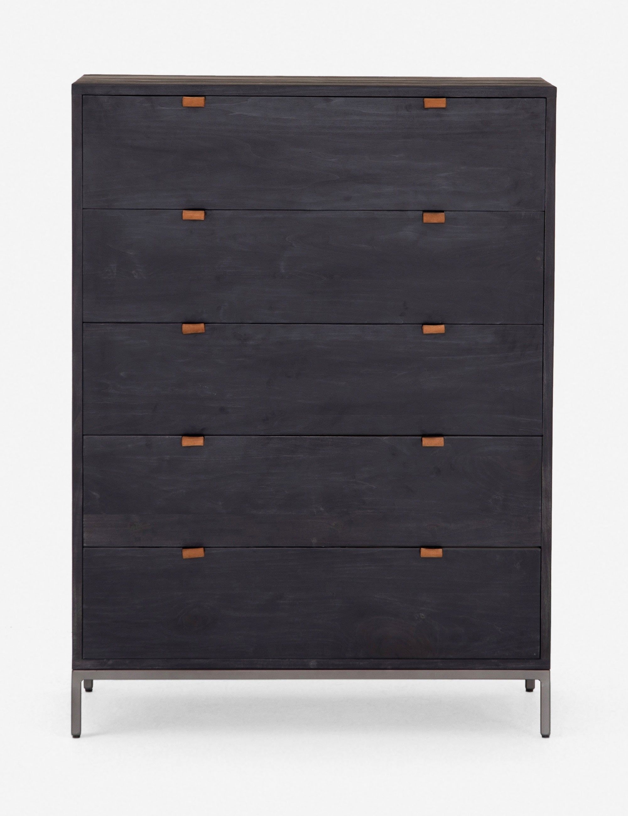 Rosamonde Mid-Century 5-Drawer Black Dresser with Leather Pulls