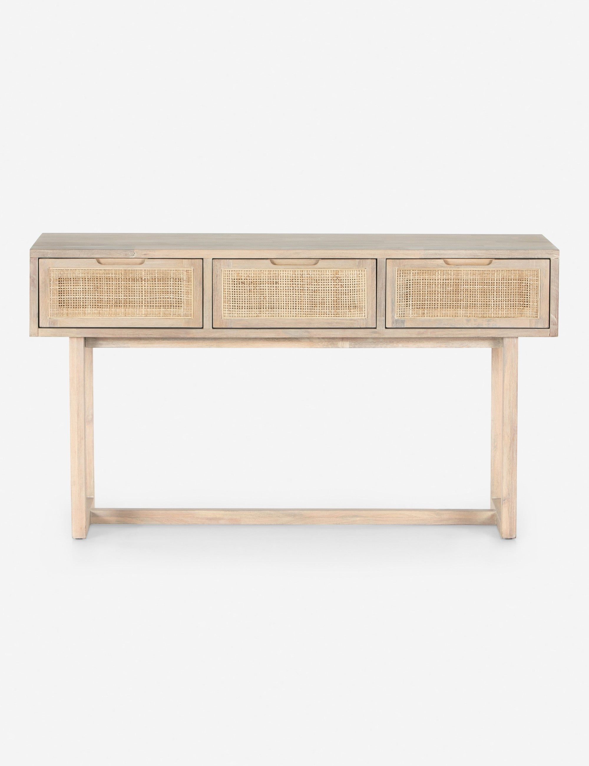 Mid-Century Modern Whitewashed Mango Wood Console Table with Cane Drawers