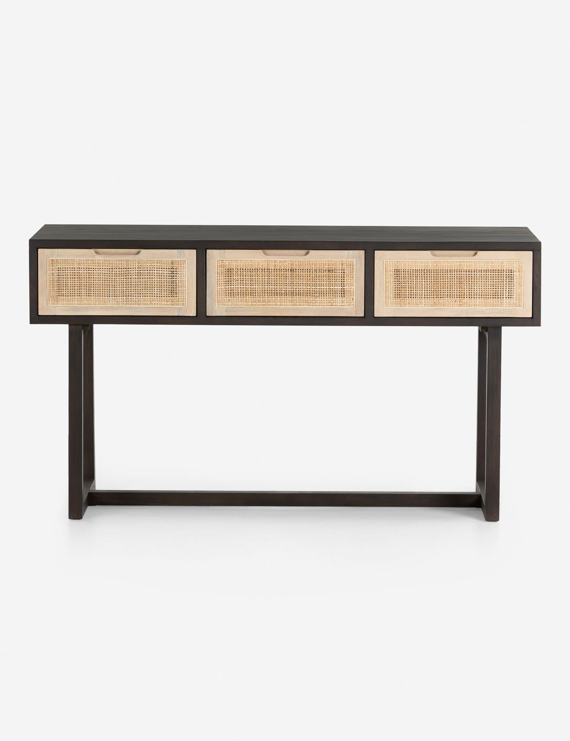 Clarita Mid-Century Modern Black Mango Wood Console Table with 3 Cane Drawers