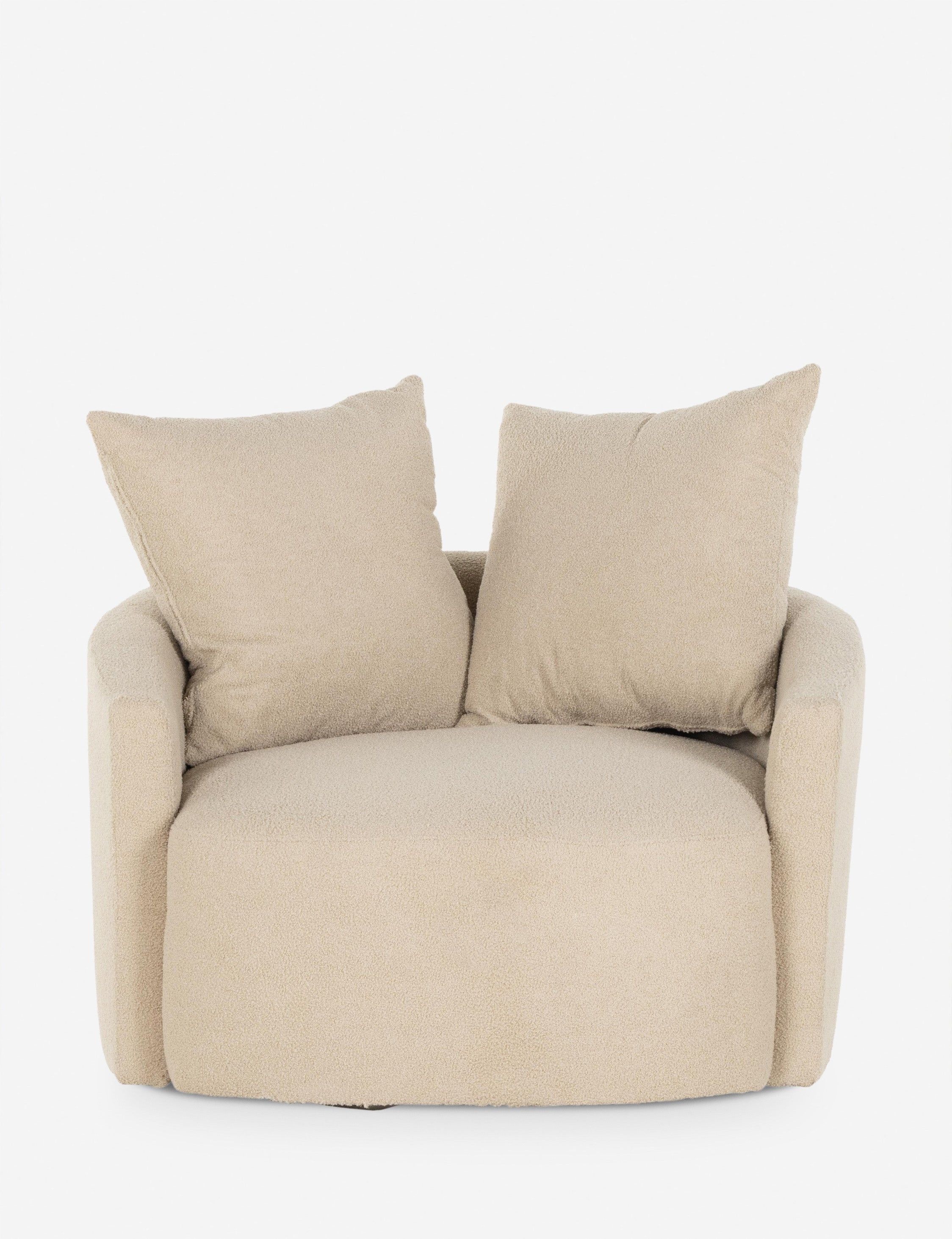 Socorro Taupe Handcrafted Wood Swivel Chair with Warm Boucle Upholstery