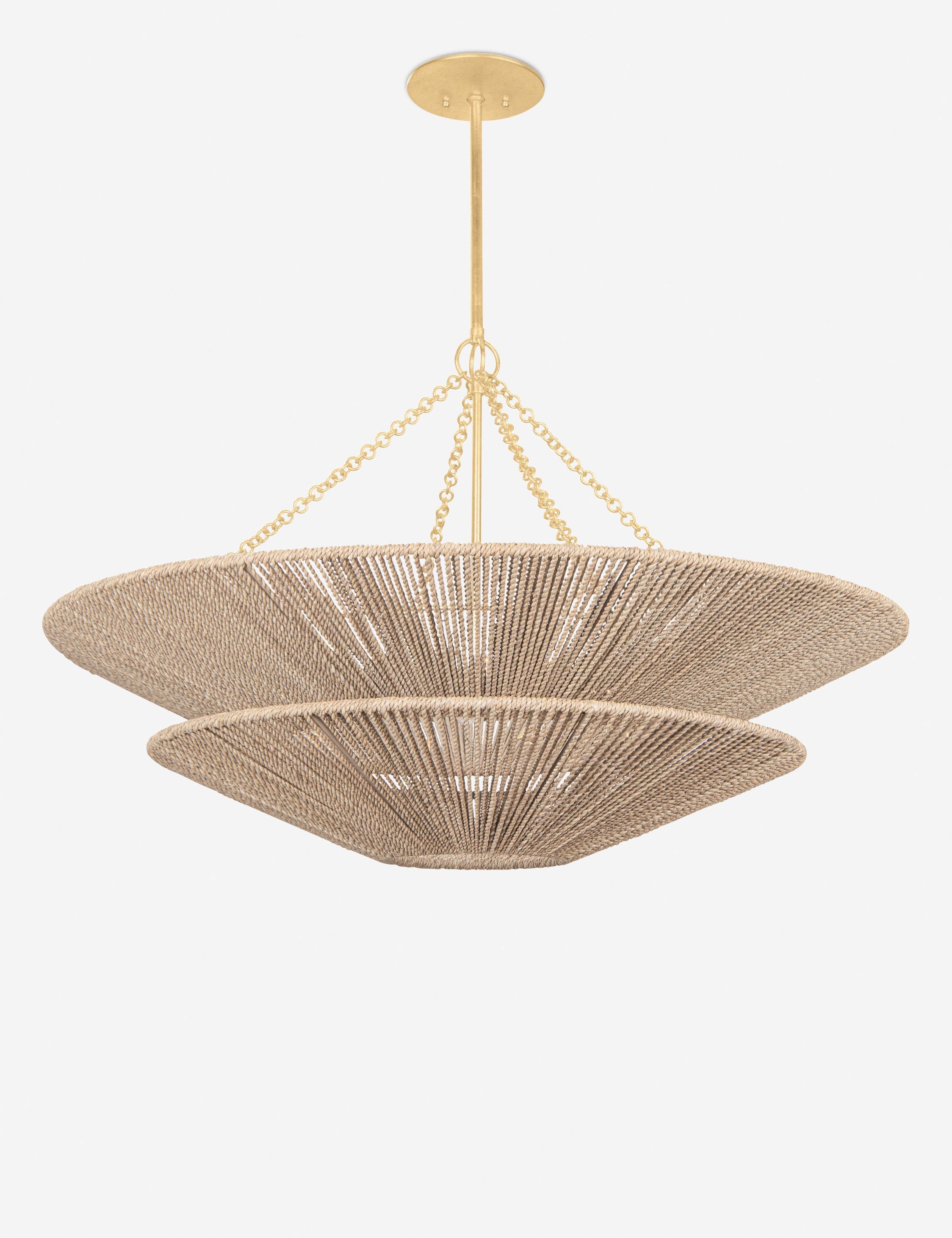 Natural Woven Rattan Two-Tier Gold Leaf Chandelier