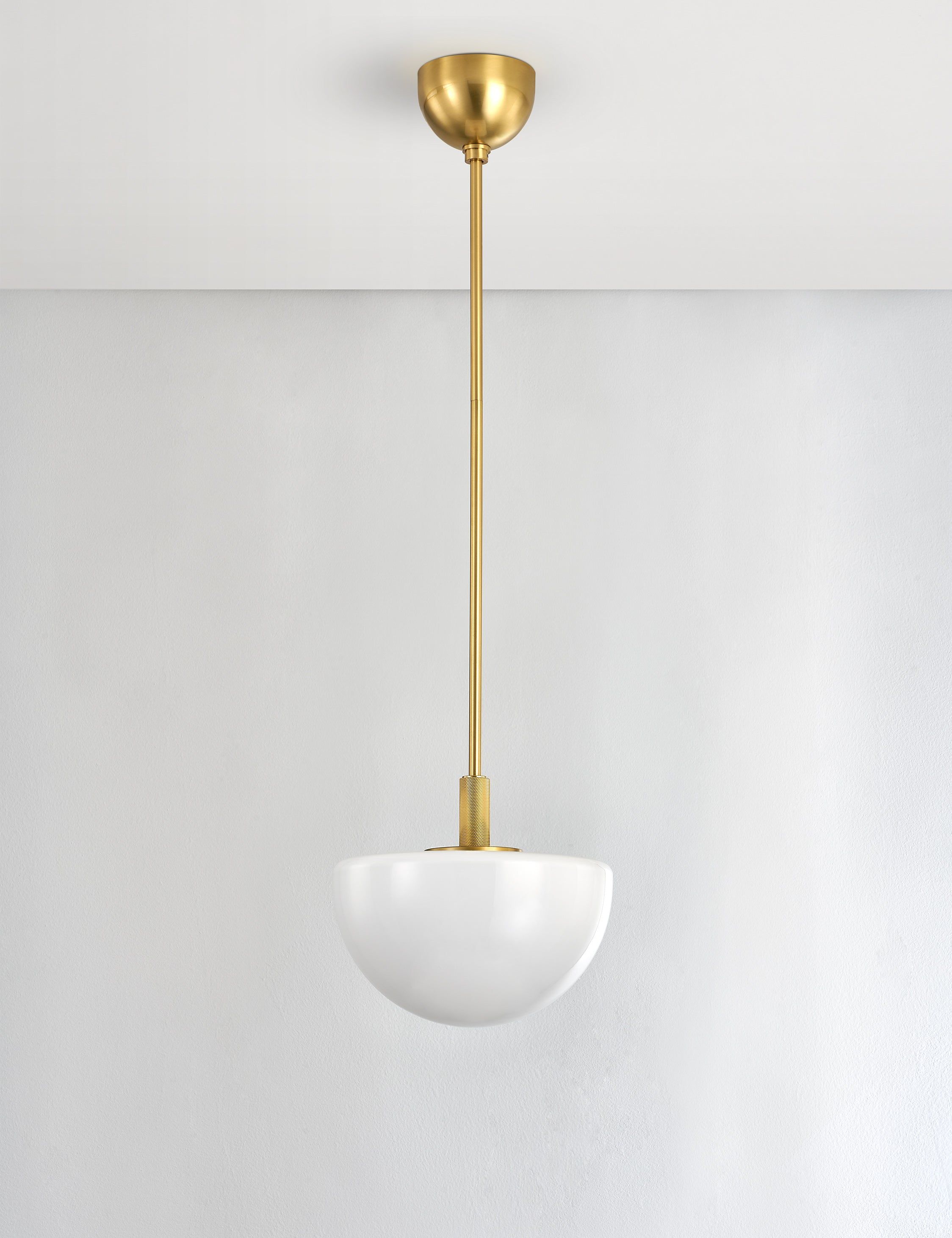 Aged Brass and White Glass Bowl Pendant Light