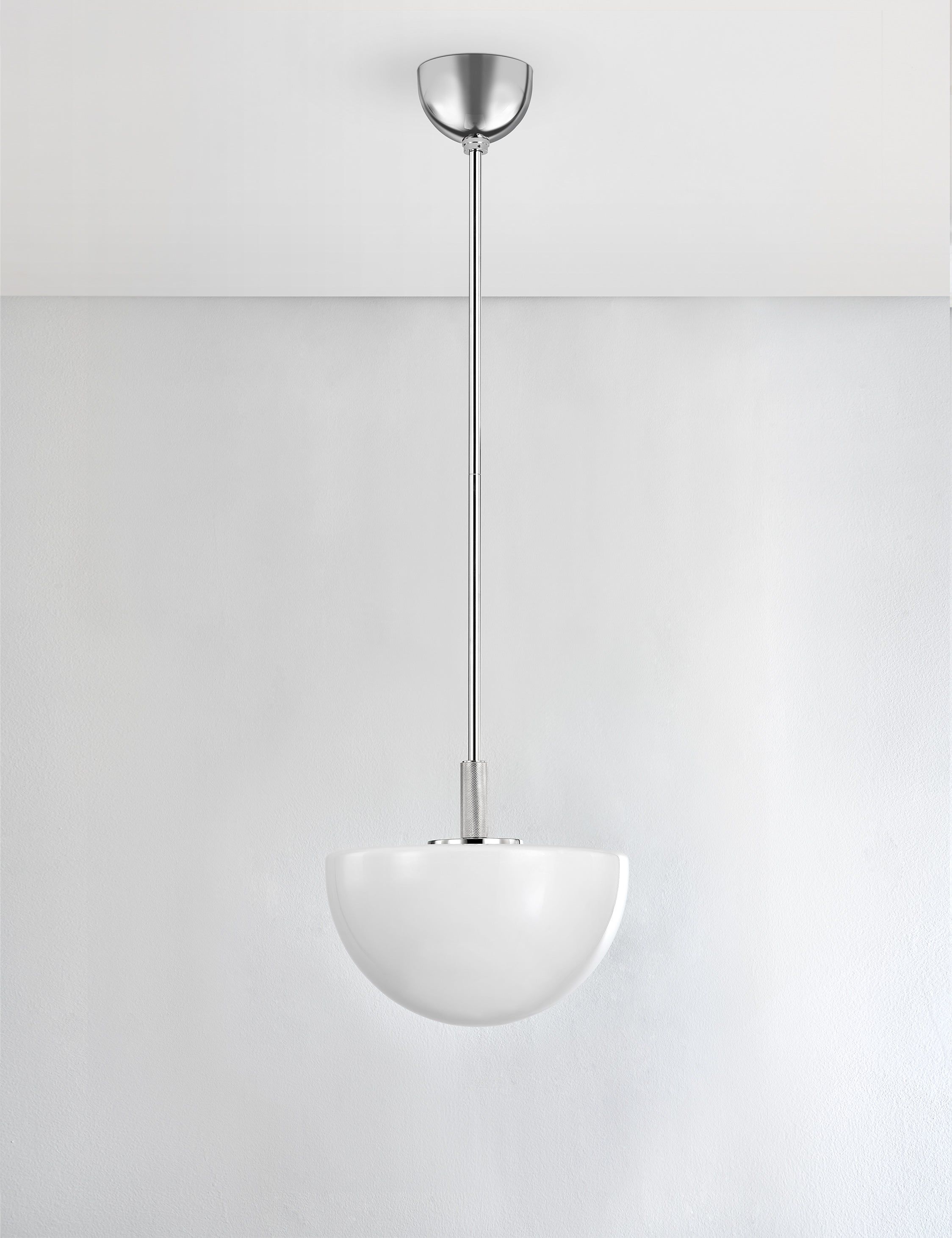 Elegant Polished Nickel Bowl Pendant with White Glass Shade